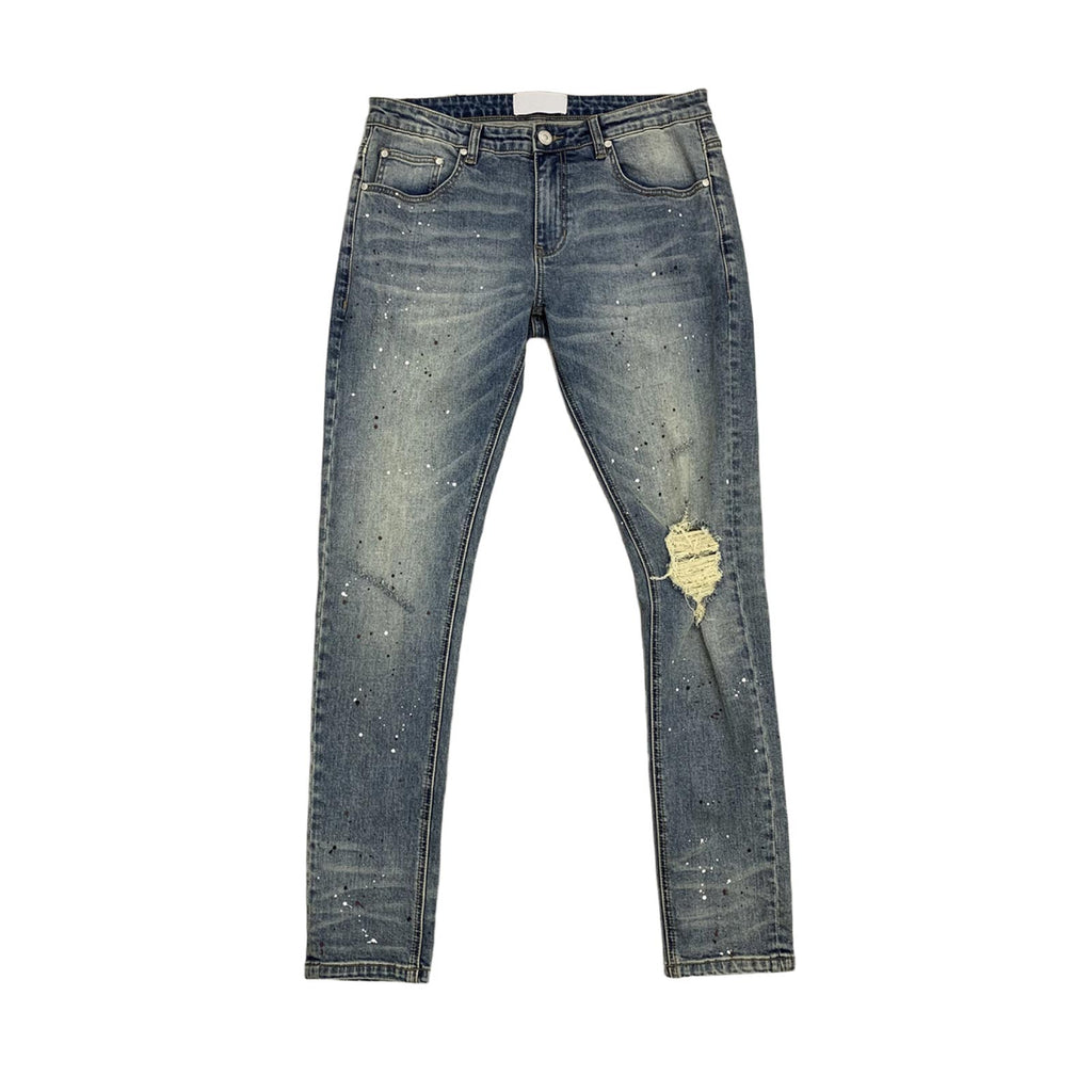Custom Men's Blue Skinny Paint Splatters Distressed Jeans