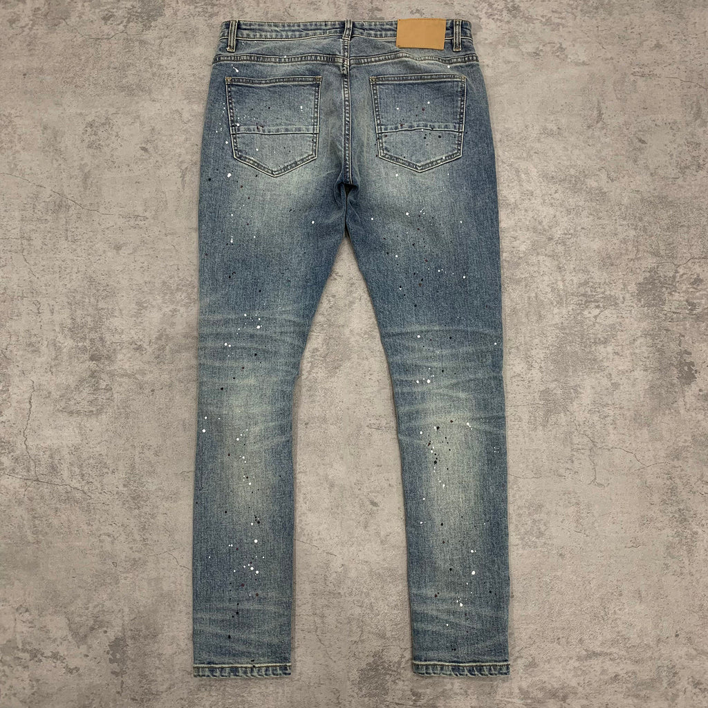 Custom Men's Blue Skinny Paint Splatters Distressed Jeans