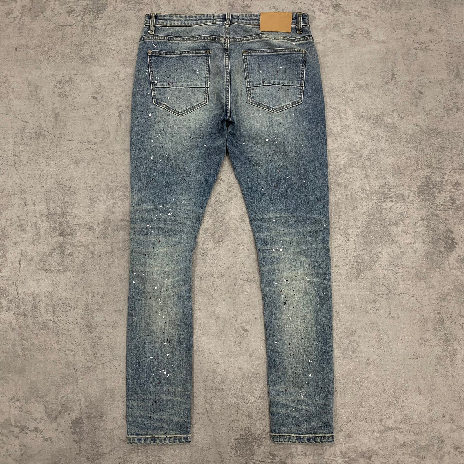 Custom Men's Blue Skinny Paint Splatters Distressed Jeans