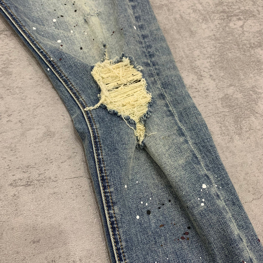 Custom Men's Blue Skinny Paint Splatters Distressed Jeans