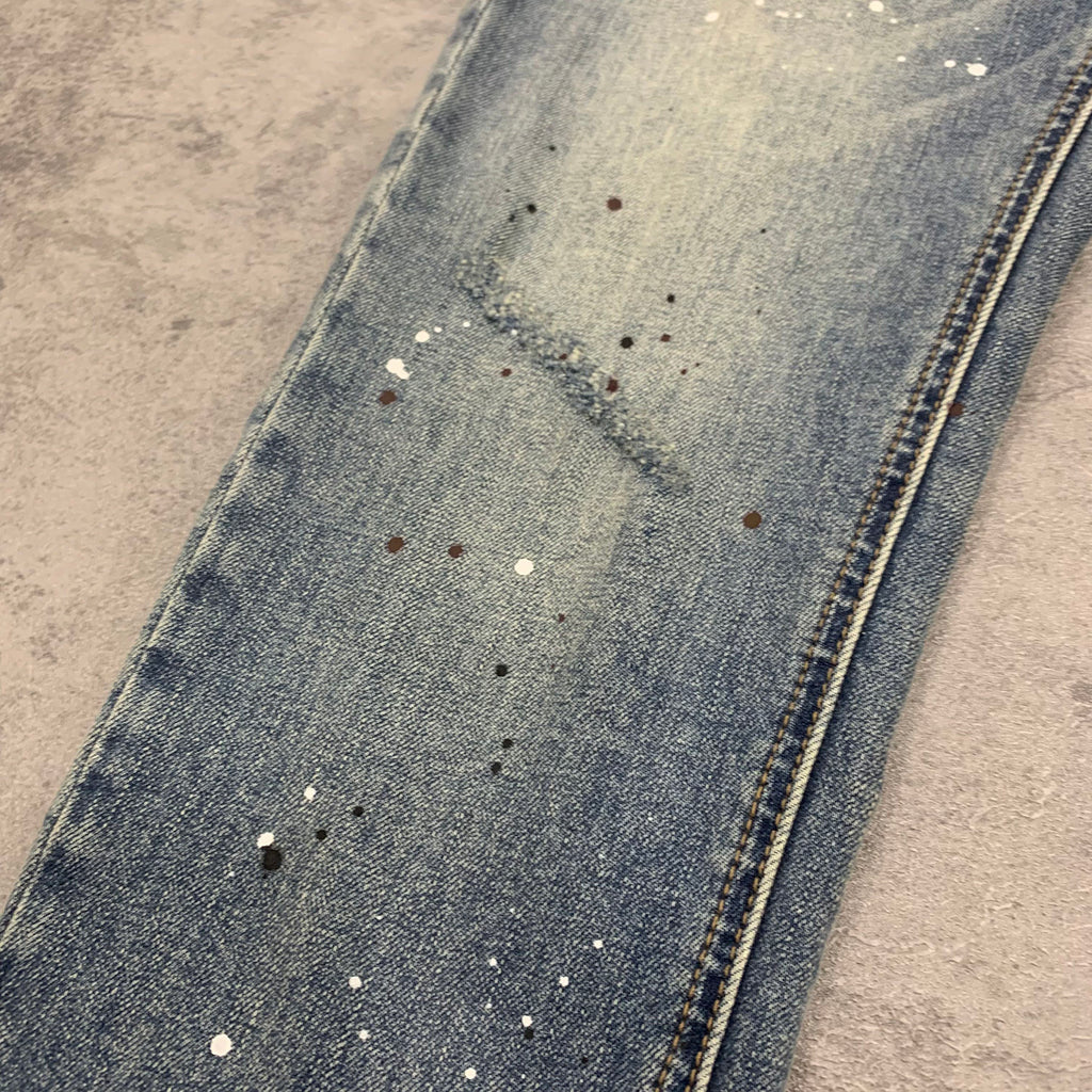 Custom Men's Blue Skinny Paint Splatters Distressed Jeans