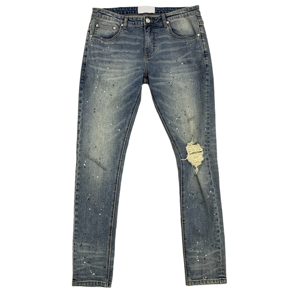 Custom Men's Blue Skinny Paint Splatters Distressed Jeans