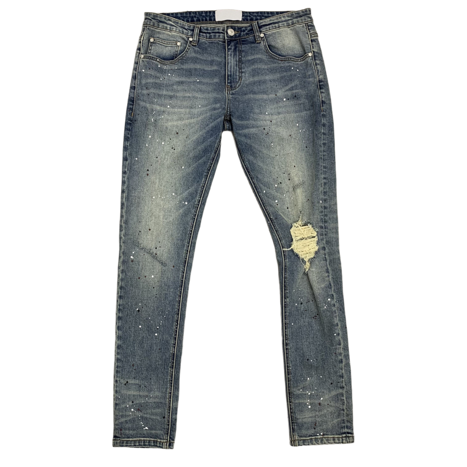 Custom Men's Blue Skinny Paint Splatters Distressed Jeans