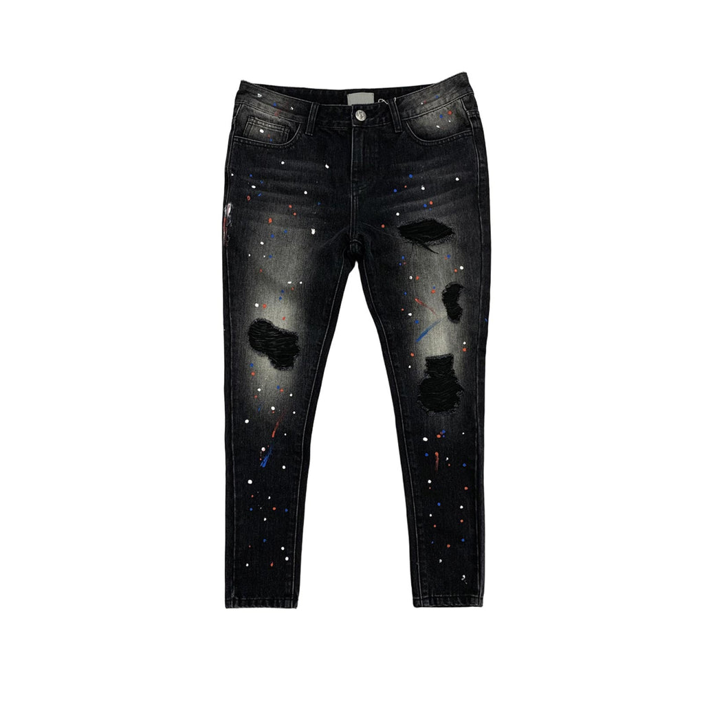 Custom Men's Black Skinny Paint Splatters Distressed Jeans