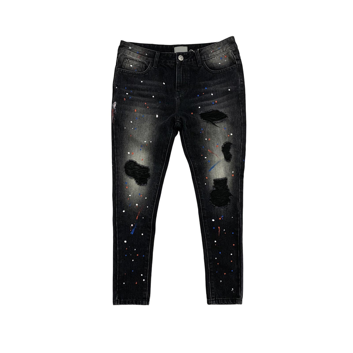 Custom Men's Black Skinny Paint Splatters Distressed Jeans