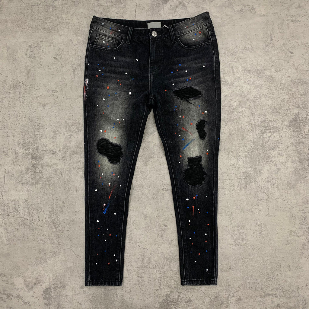 Custom Men's Black Skinny Paint Splatters Distressed Jeans