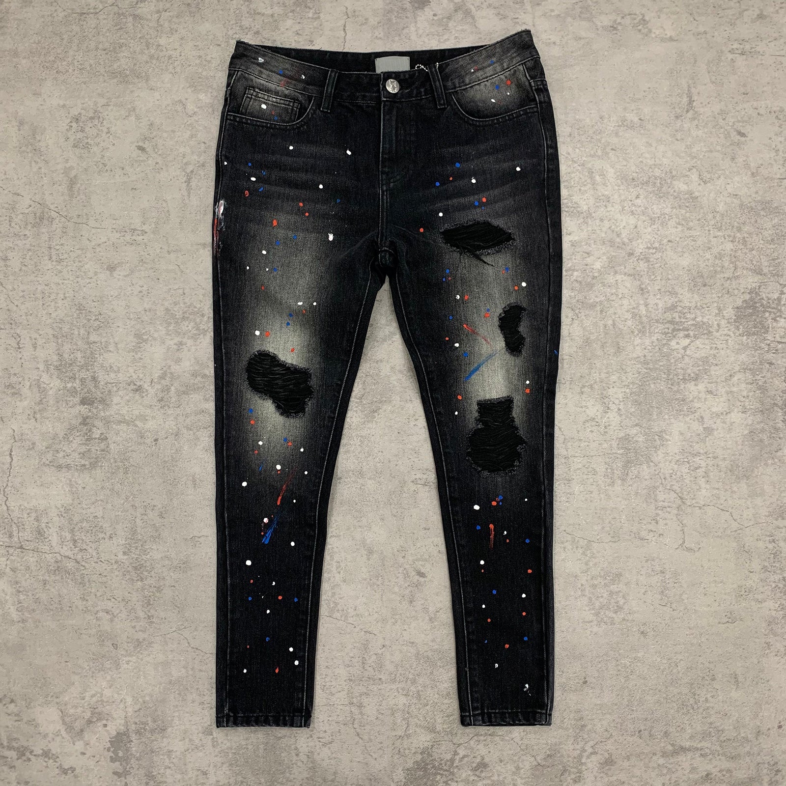 Custom Men's Black Skinny Paint Splatters Distressed Jeans