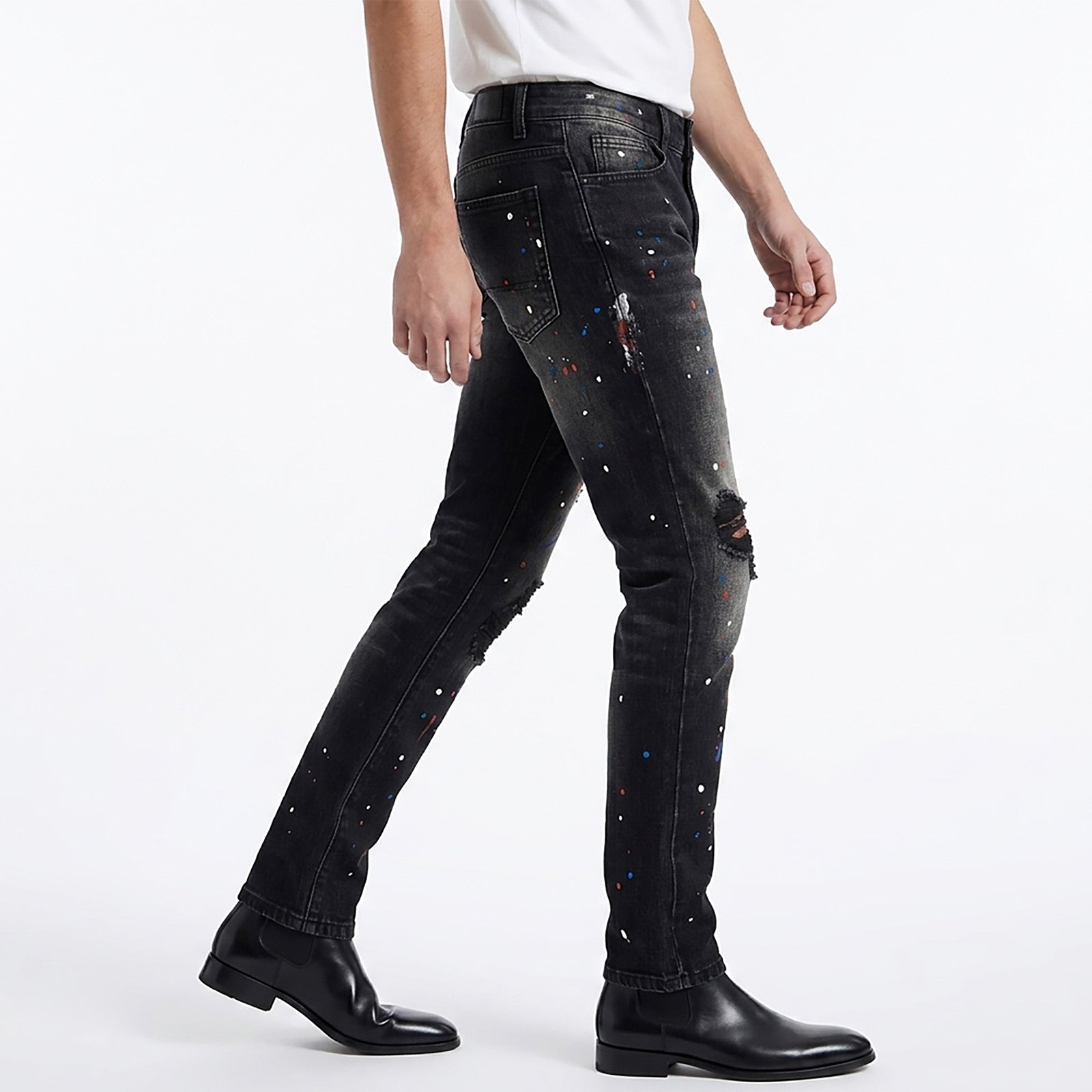 Custom Men's Black Skinny Paint Splatters Distressed Jeans