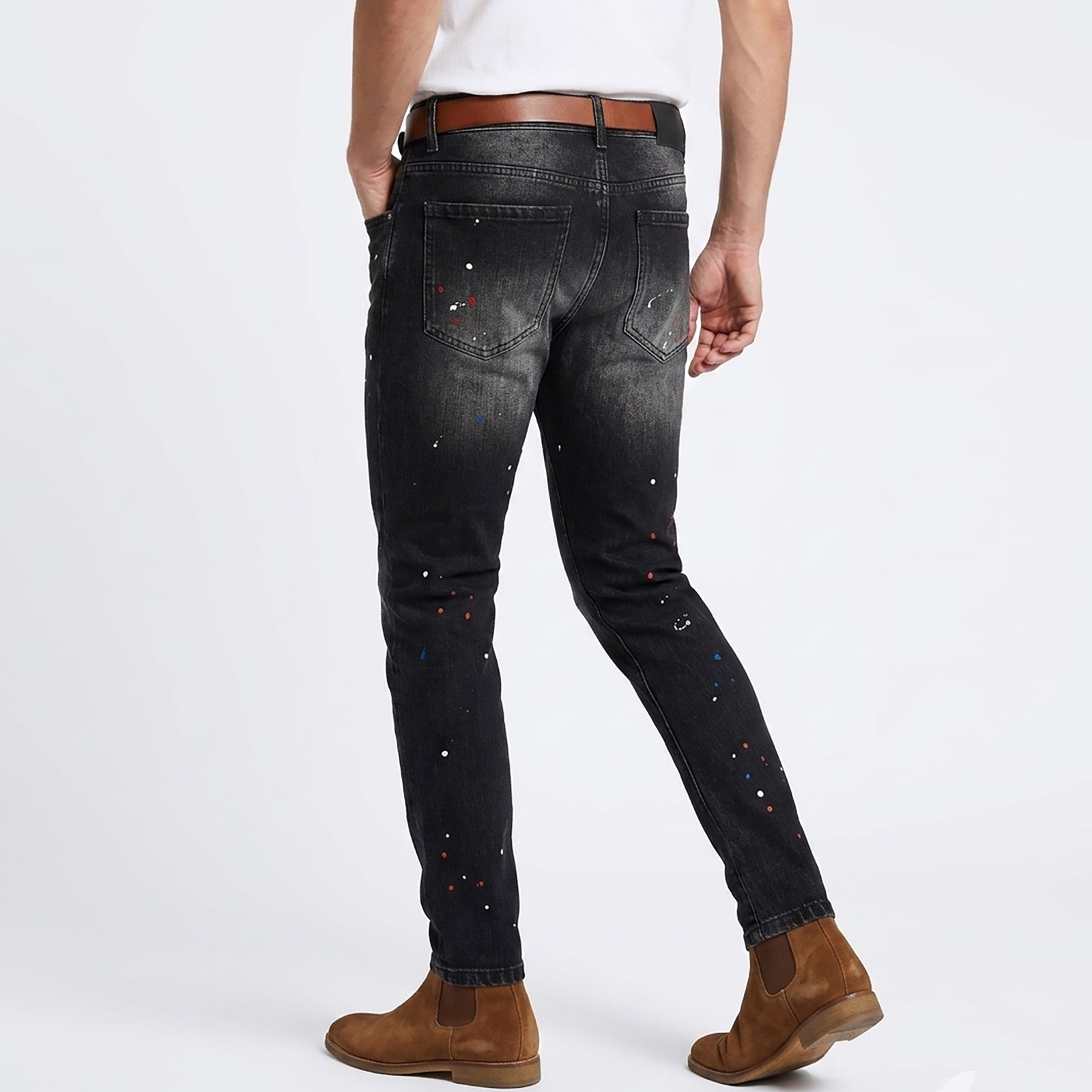 Custom Men's Black Skinny Paint Splatters Distressed Jeans