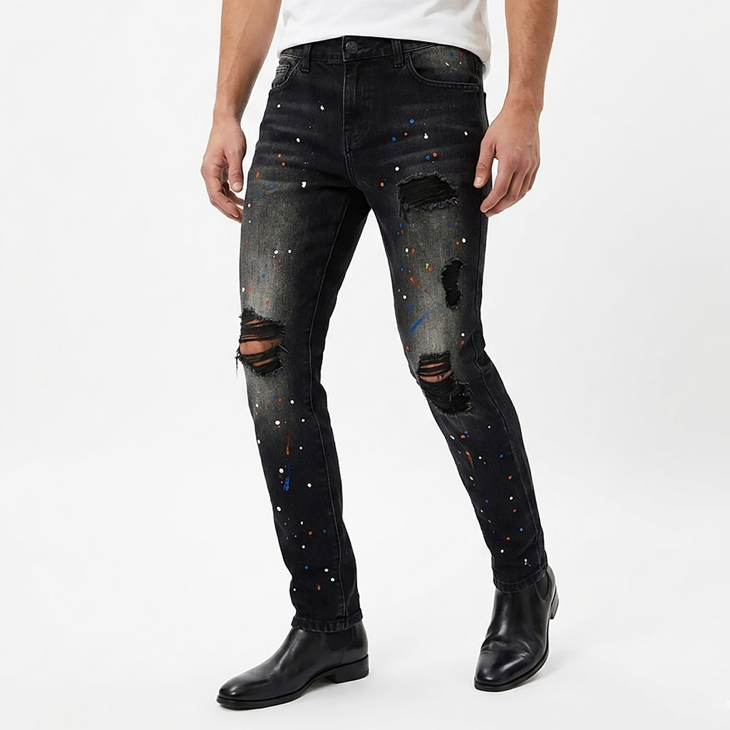 Custom Men's Black Skinny Paint Splatters Distressed Jeans