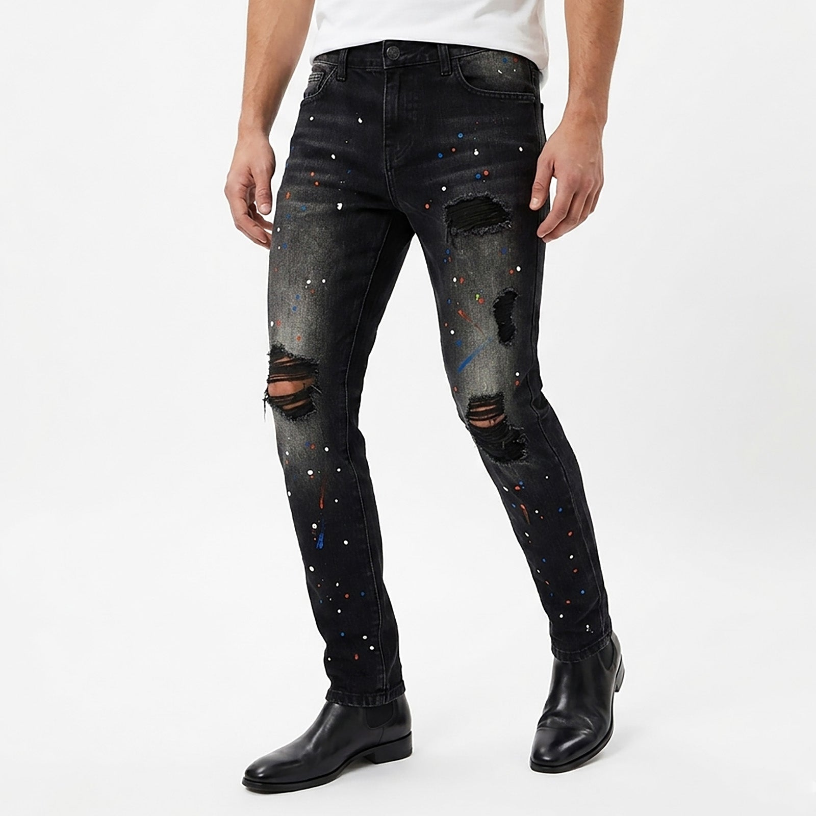 Custom Men's Black Skinny Paint Splatters Distressed Jeans
