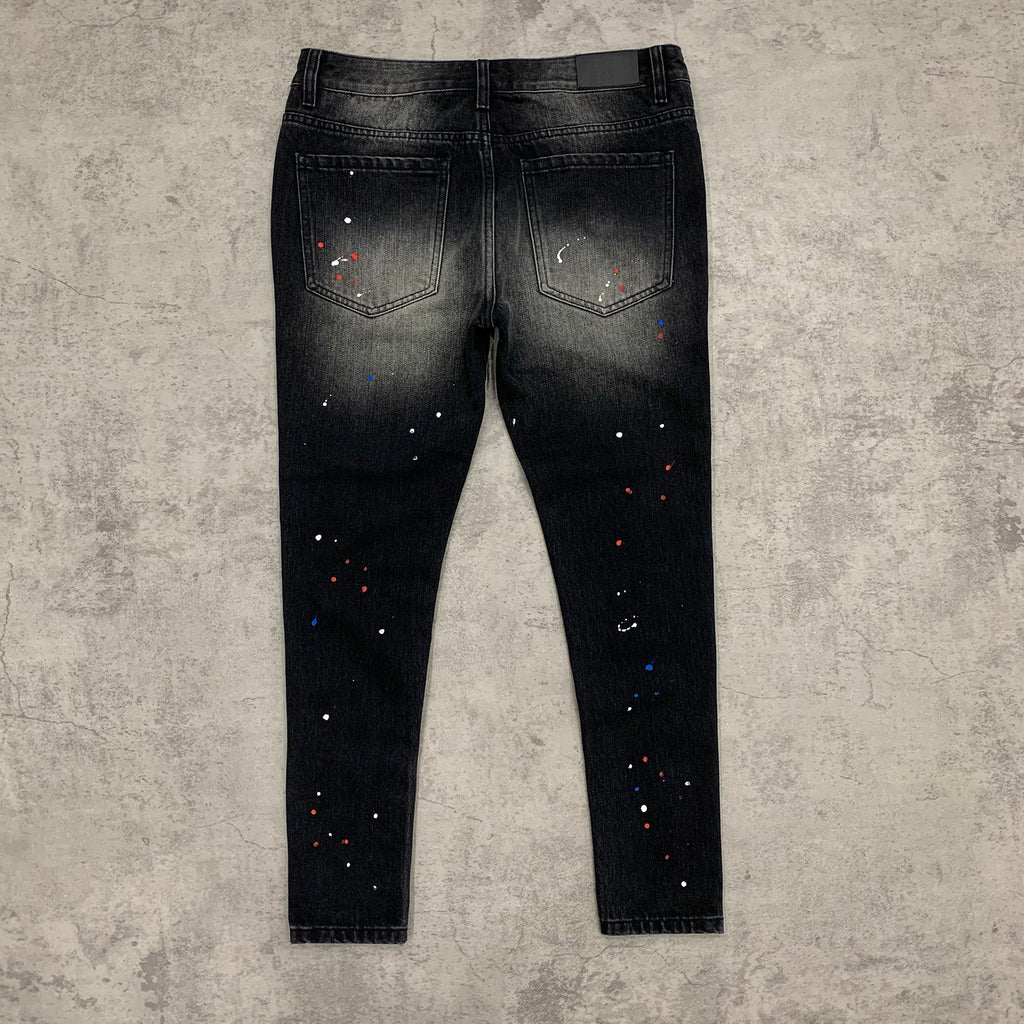 Custom Men's Black Skinny Paint Splatters Distressed Jeans