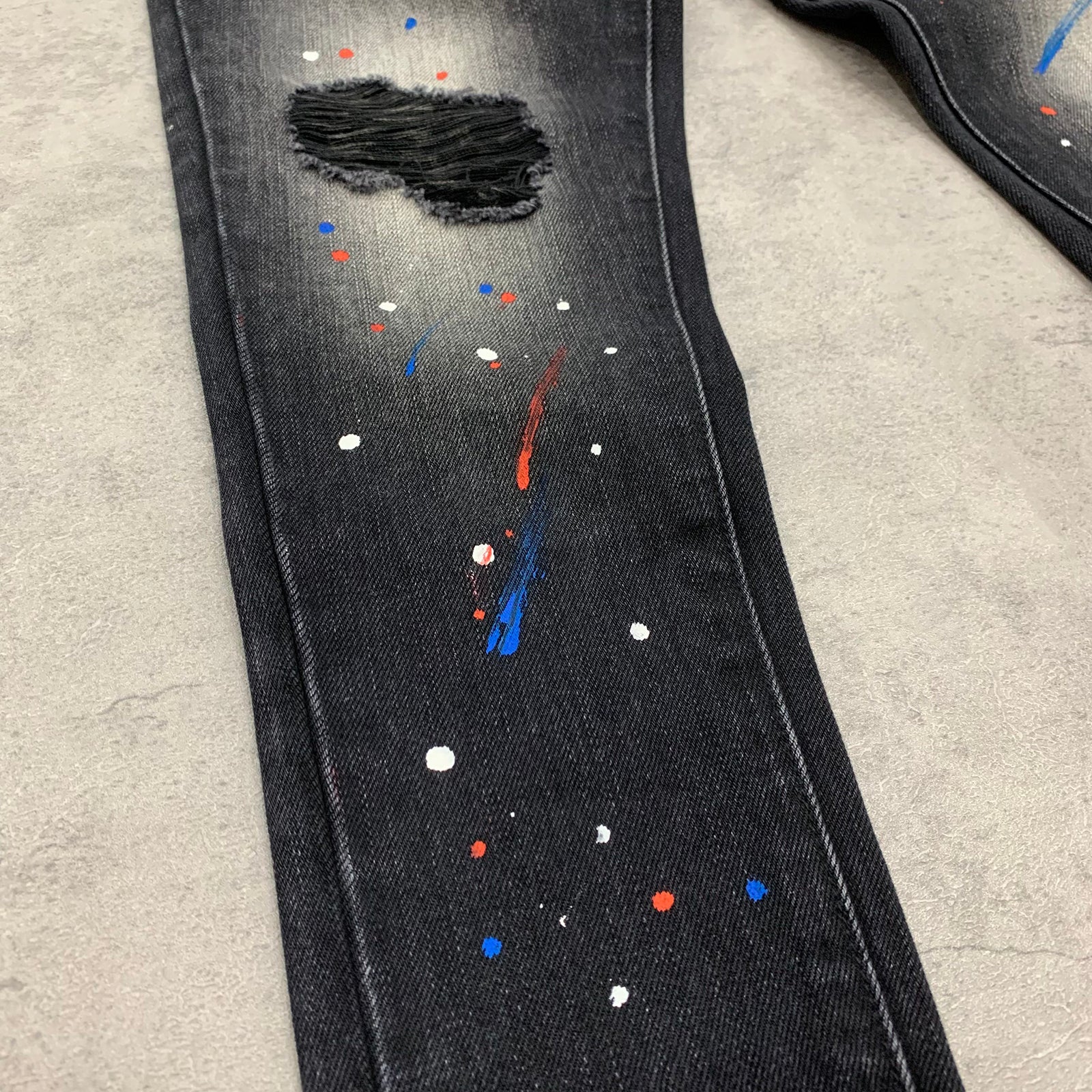 Custom Men's Black Skinny Paint Splatters Distressed Jeans