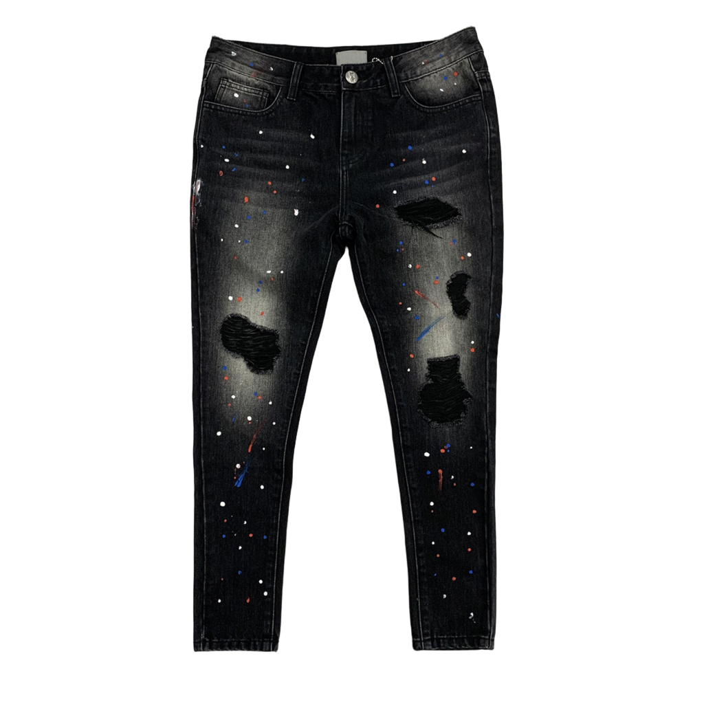Custom Men's Black Skinny Paint Splatters Distressed Jeans