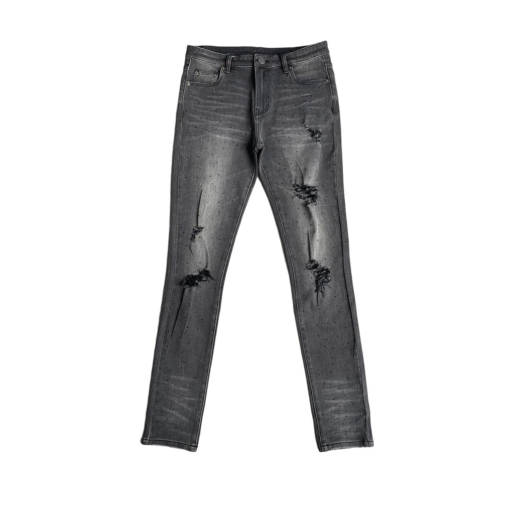 Custom Men's Black Skinny Rhinestone Vintage Washed Distressed Jeans