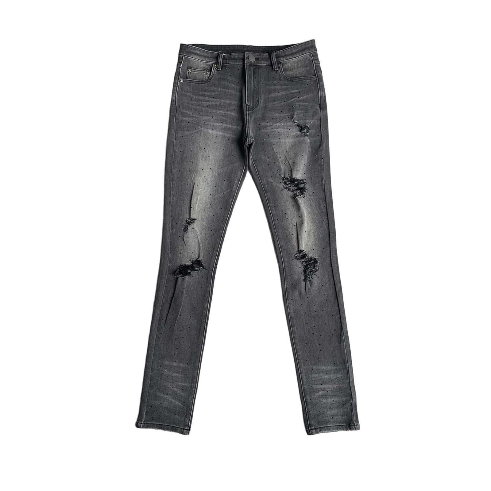Custom Men's Black Skinny Rhinestone Vintage Washed Distressed Jeans