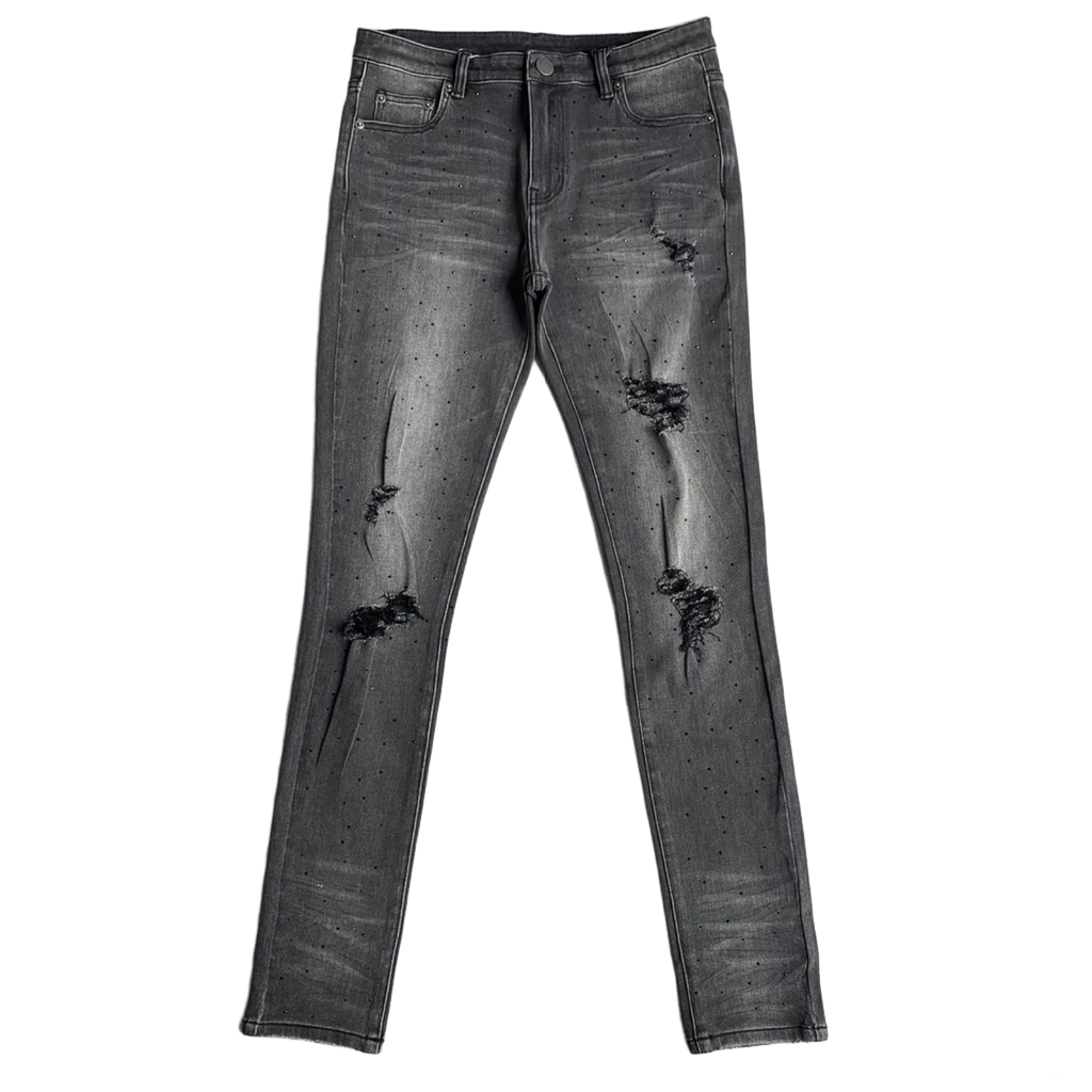 Custom Men's Black Skinny Rhinestone Vintage Washed Distressed Jeans