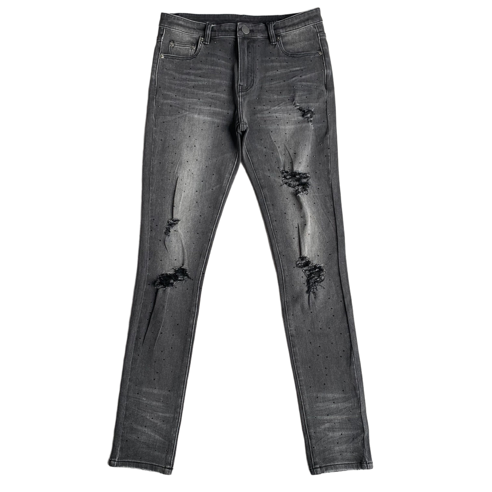 Custom Men's Black Skinny Rhinestone Vintage Washed Distressed Jeans