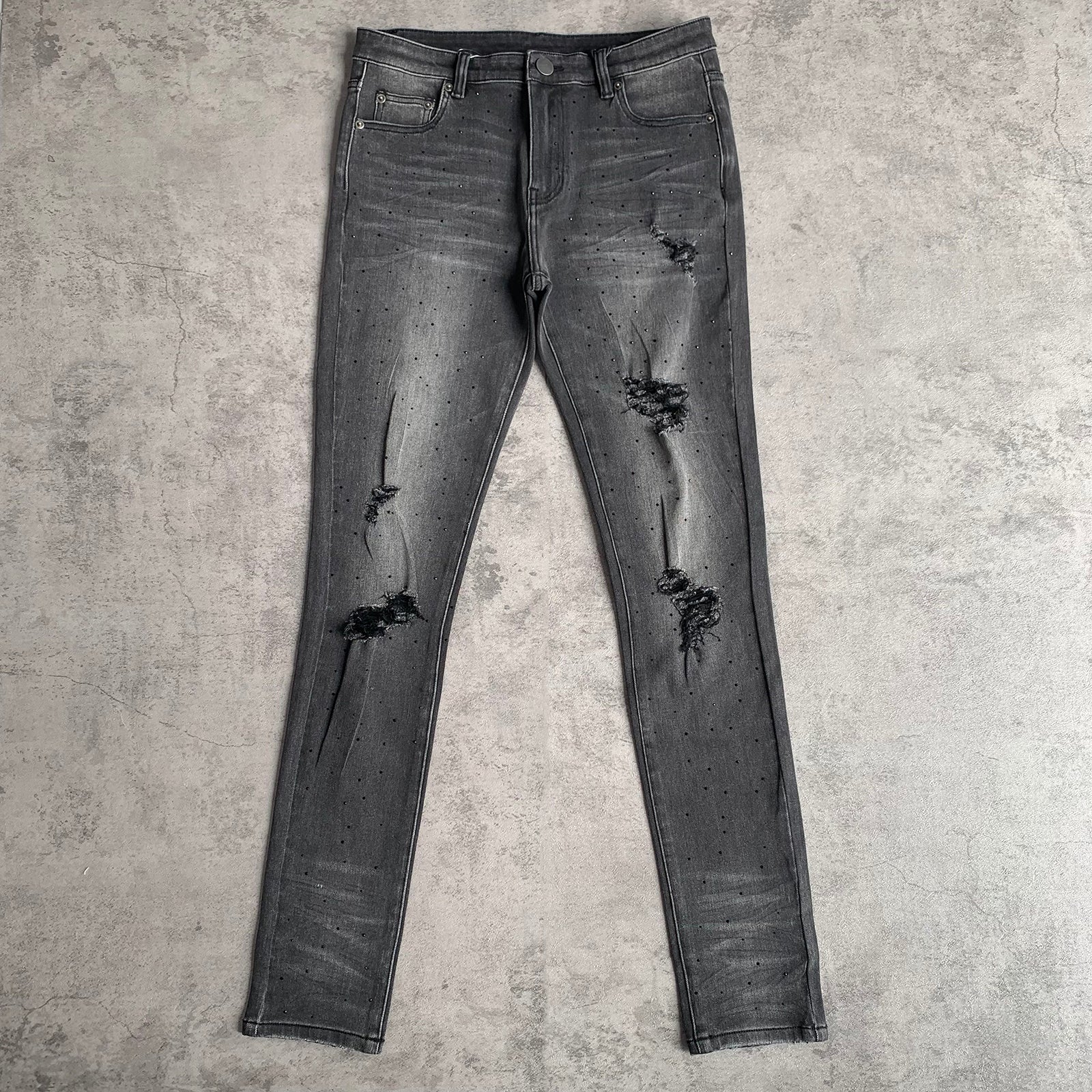 Custom Men's Black Skinny Rhinestone Vintage Washed Distressed Jeans