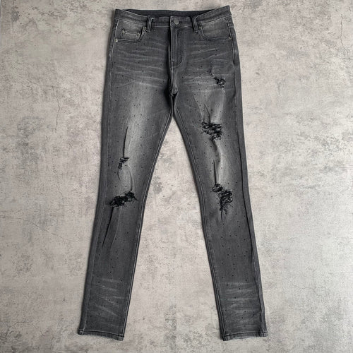 Custom Men's Black Skinny Rhinestone Vintage Washed Distressed Jeans