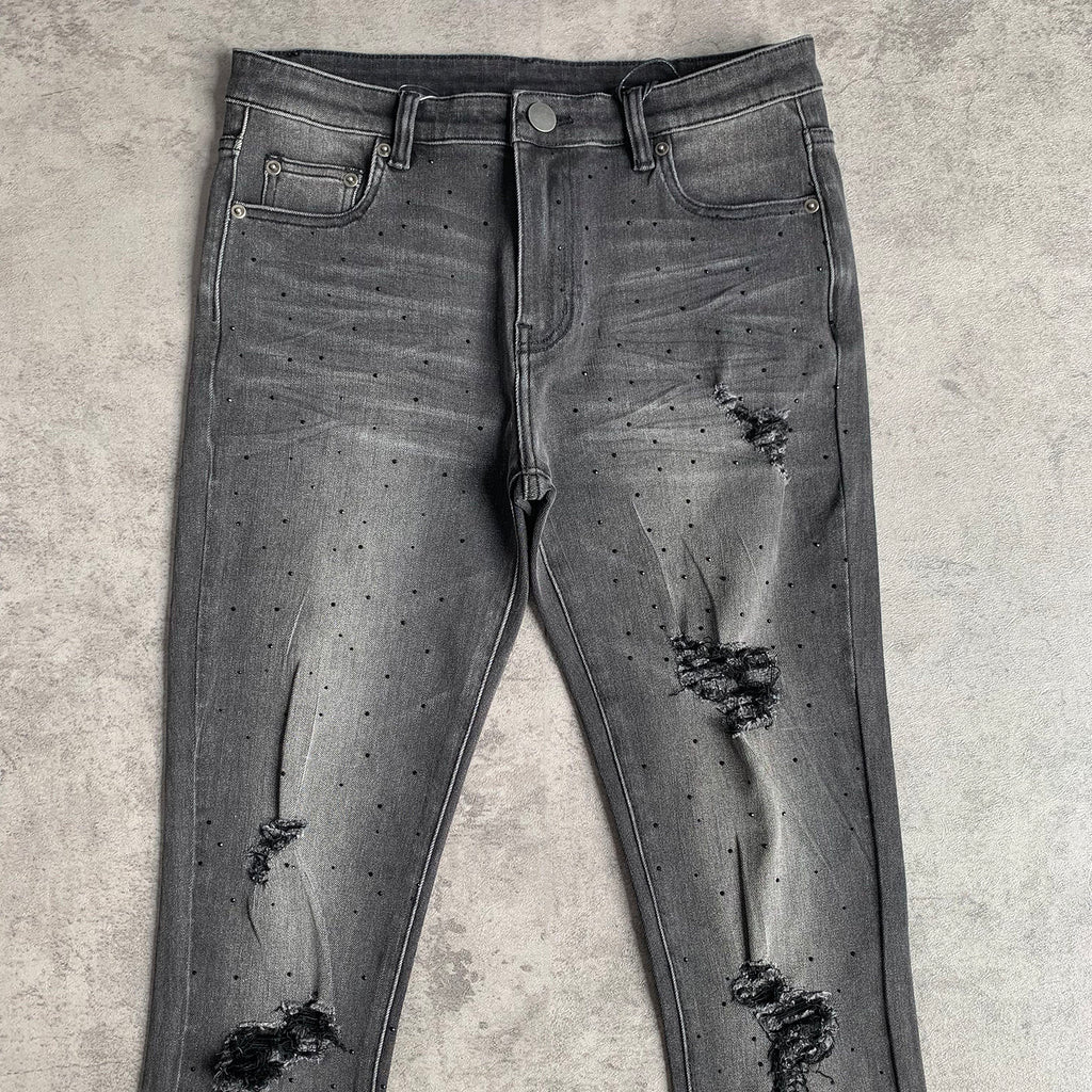 Custom Men's Black Skinny Rhinestone Vintage Washed Distressed Jeans