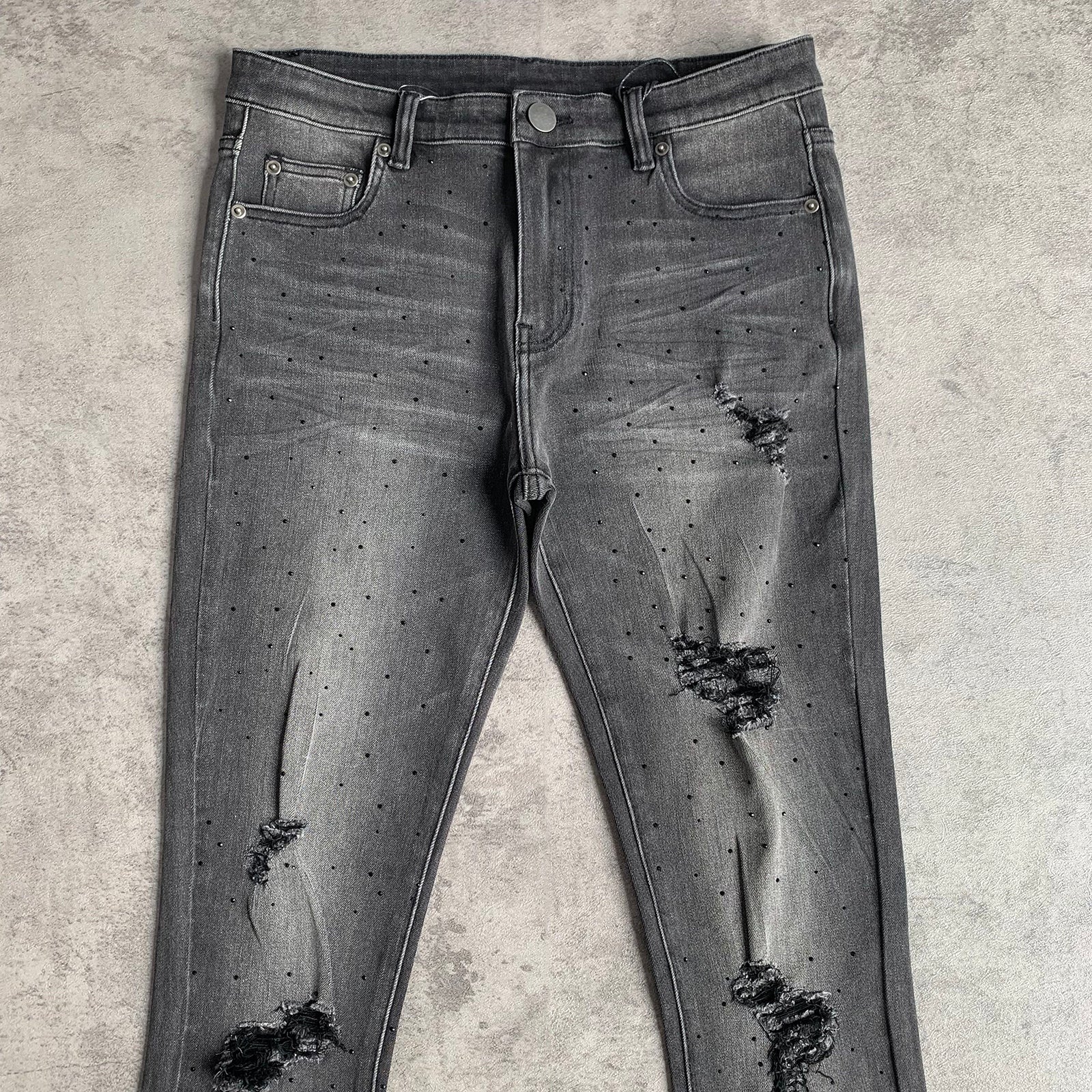 Custom Men's Black Skinny Rhinestone Vintage Washed Distressed Jeans