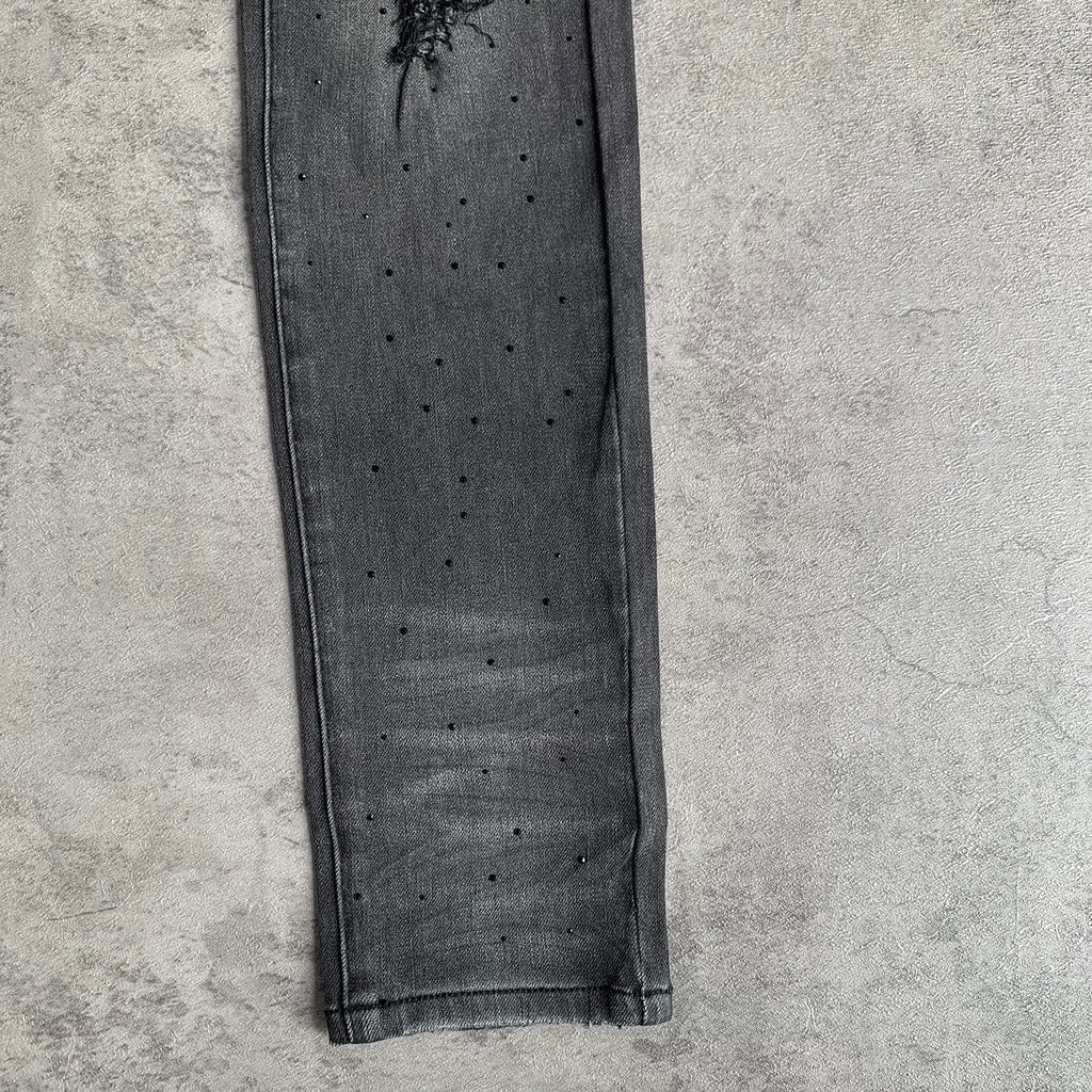 Custom Men's Black Skinny Rhinestone Vintage Washed Distressed Jeans