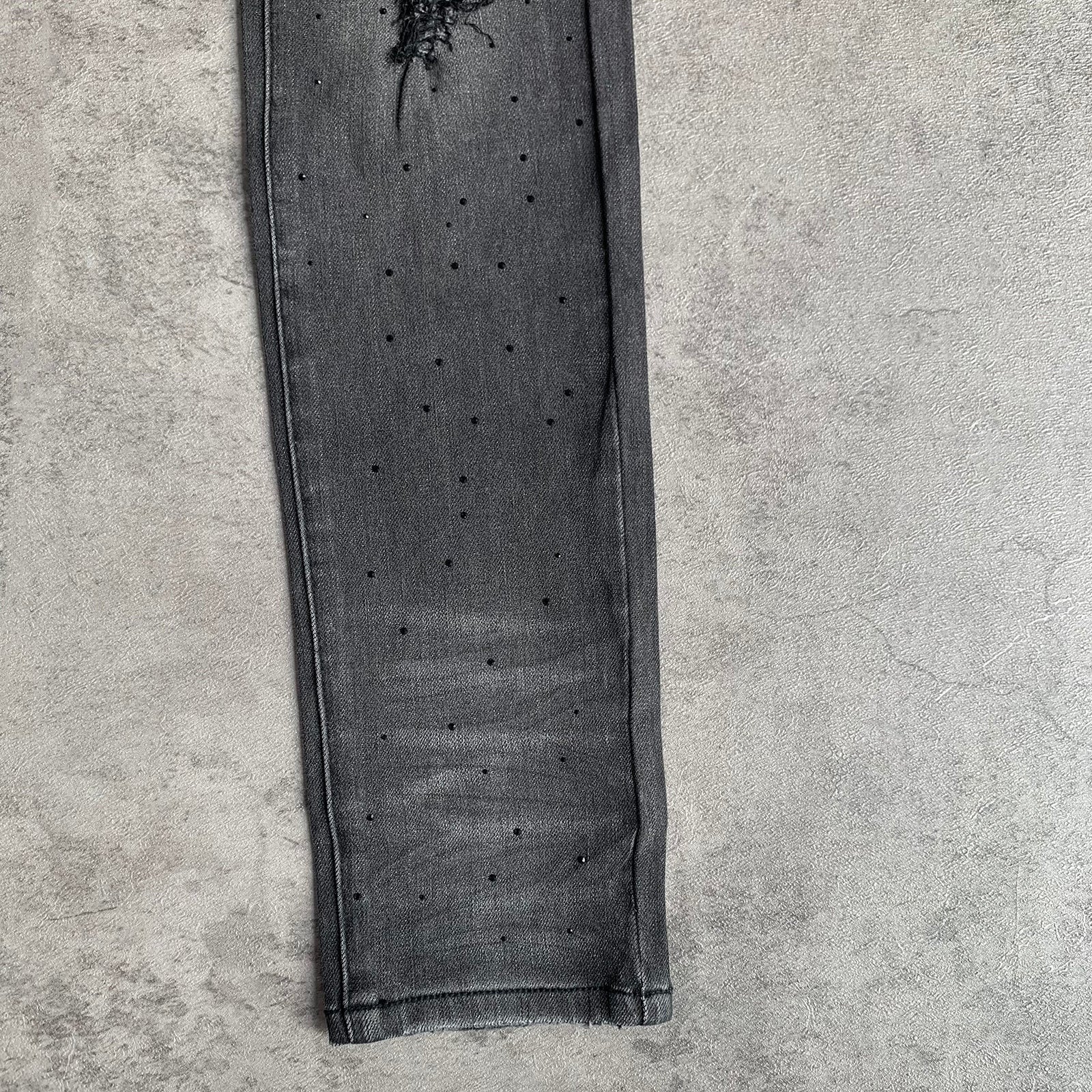 Custom Men's Black Skinny Rhinestone Vintage Washed Distressed Jeans
