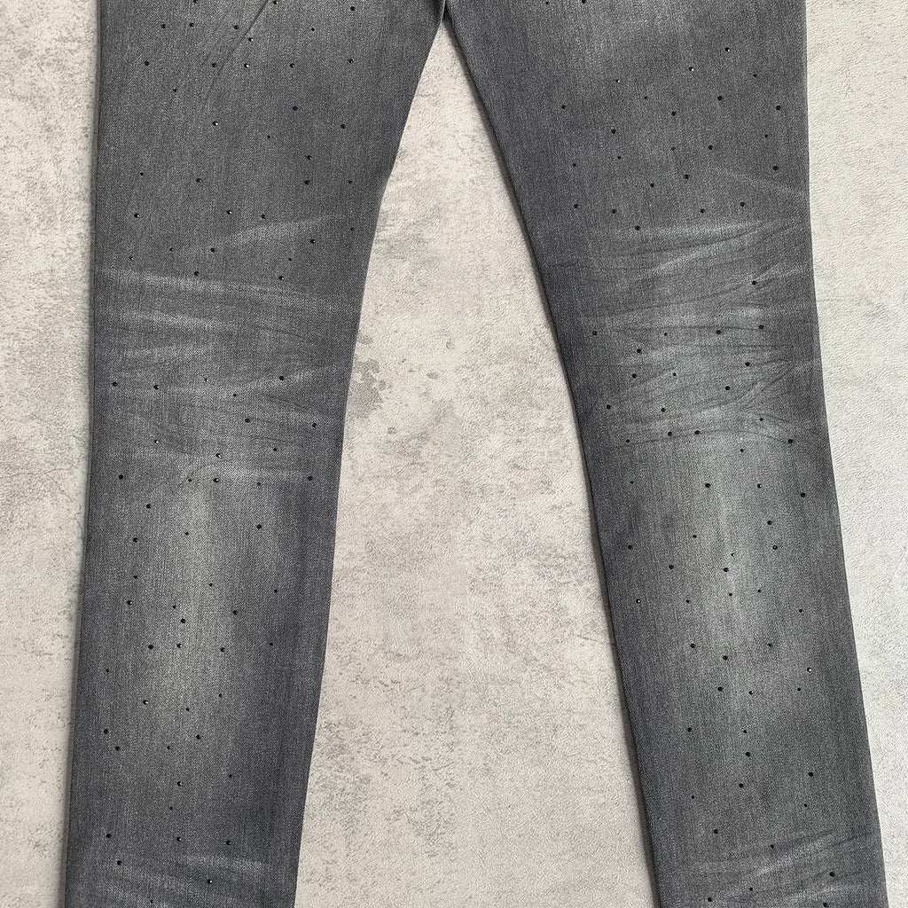 Custom Men's Black Skinny Rhinestone Vintage Washed Distressed Jeans