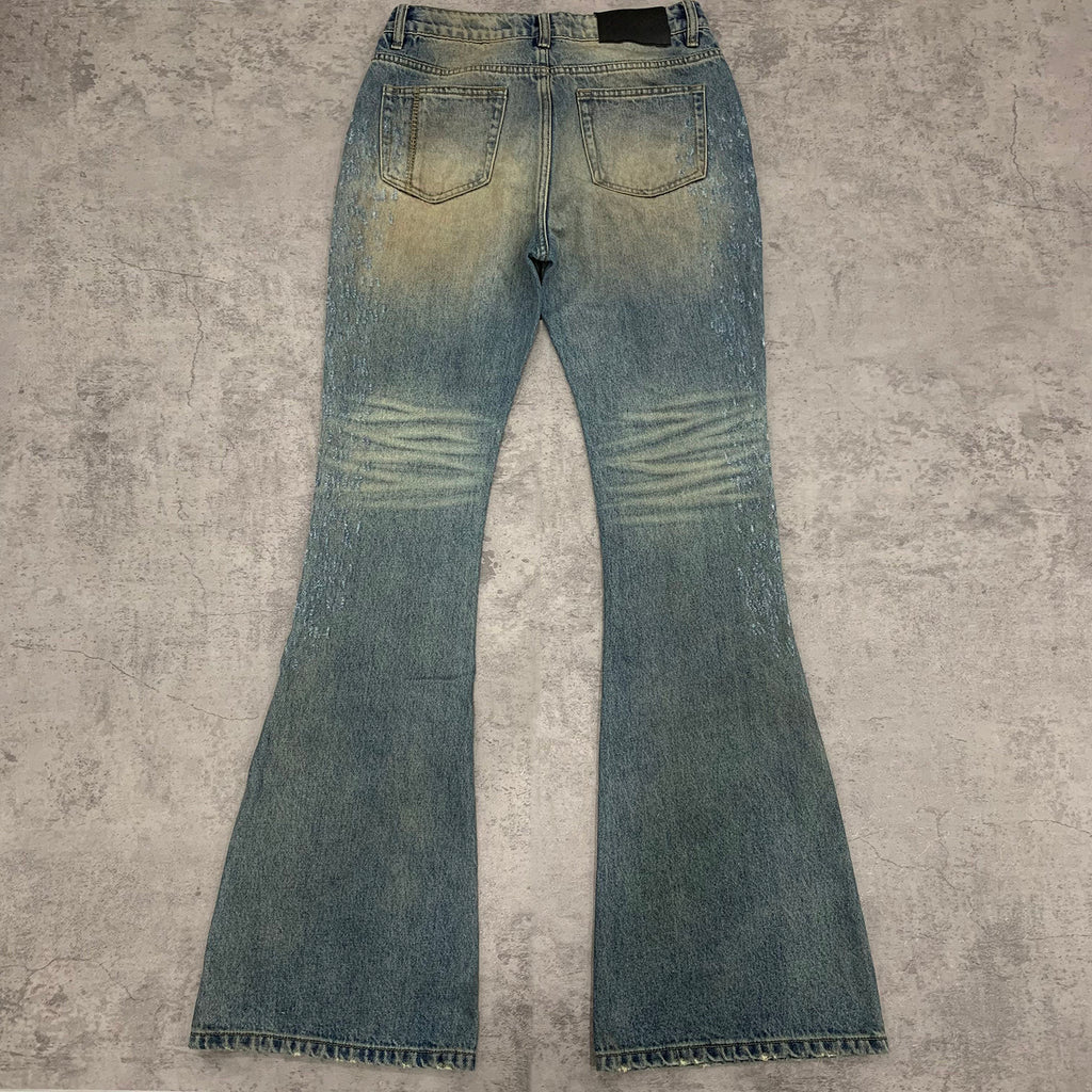 Jeans men blue flared fit vintage washed distressed
