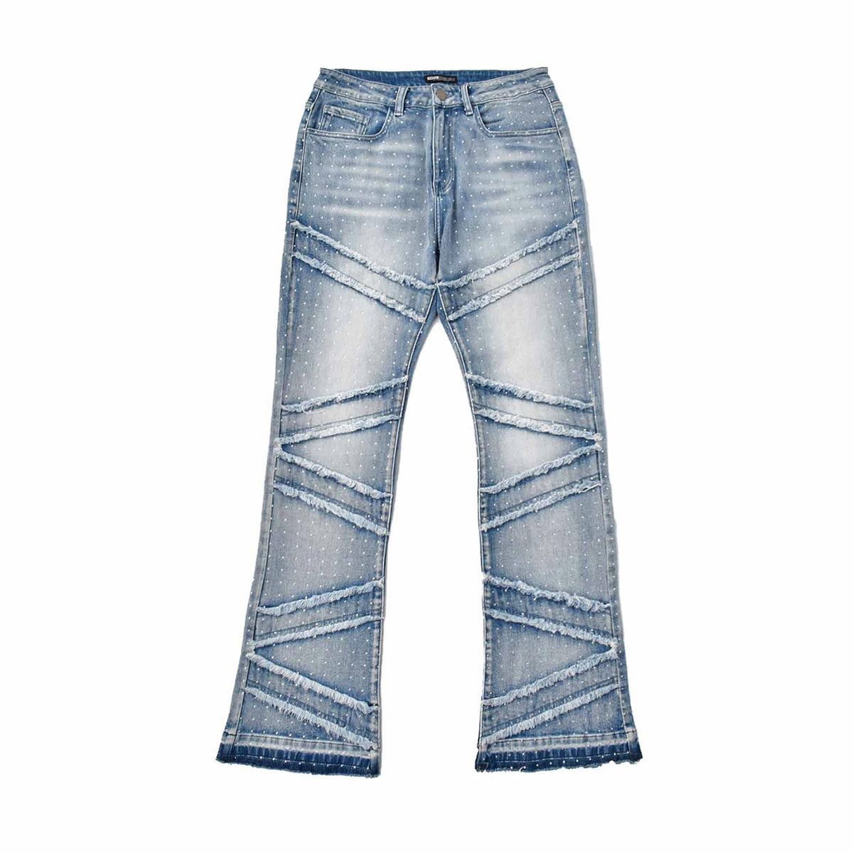 Custom Men's Blue Flared Rhinestone Raw Hem Jeans
