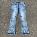 Custom Men's Blue Flared Rhinestone Raw Hem Jeans