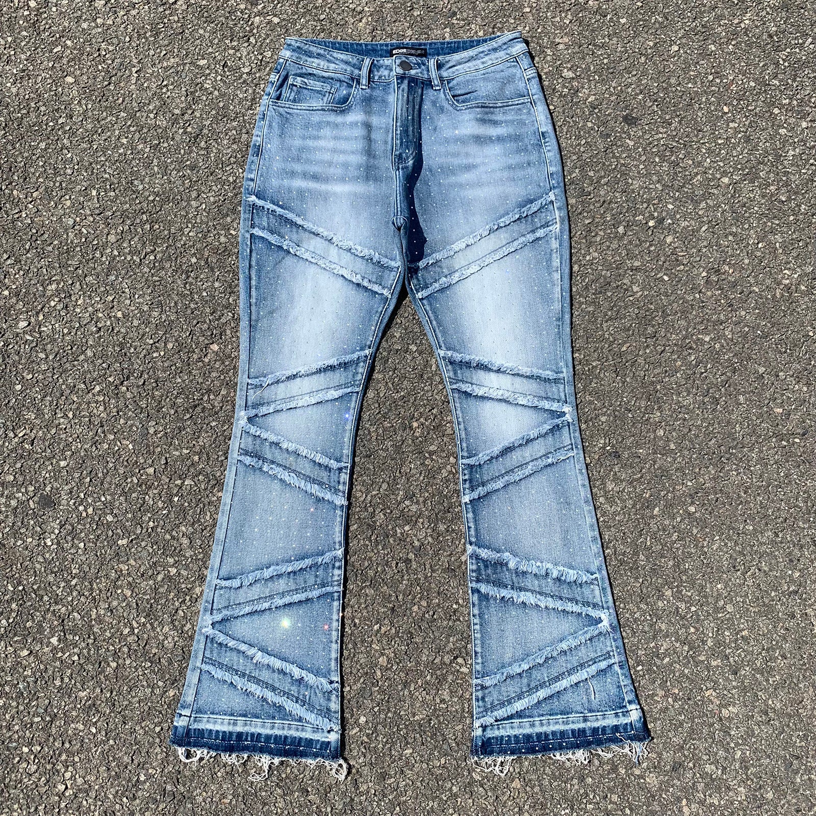 Custom Men's Blue Flared Rhinestone Raw Hem Jeans