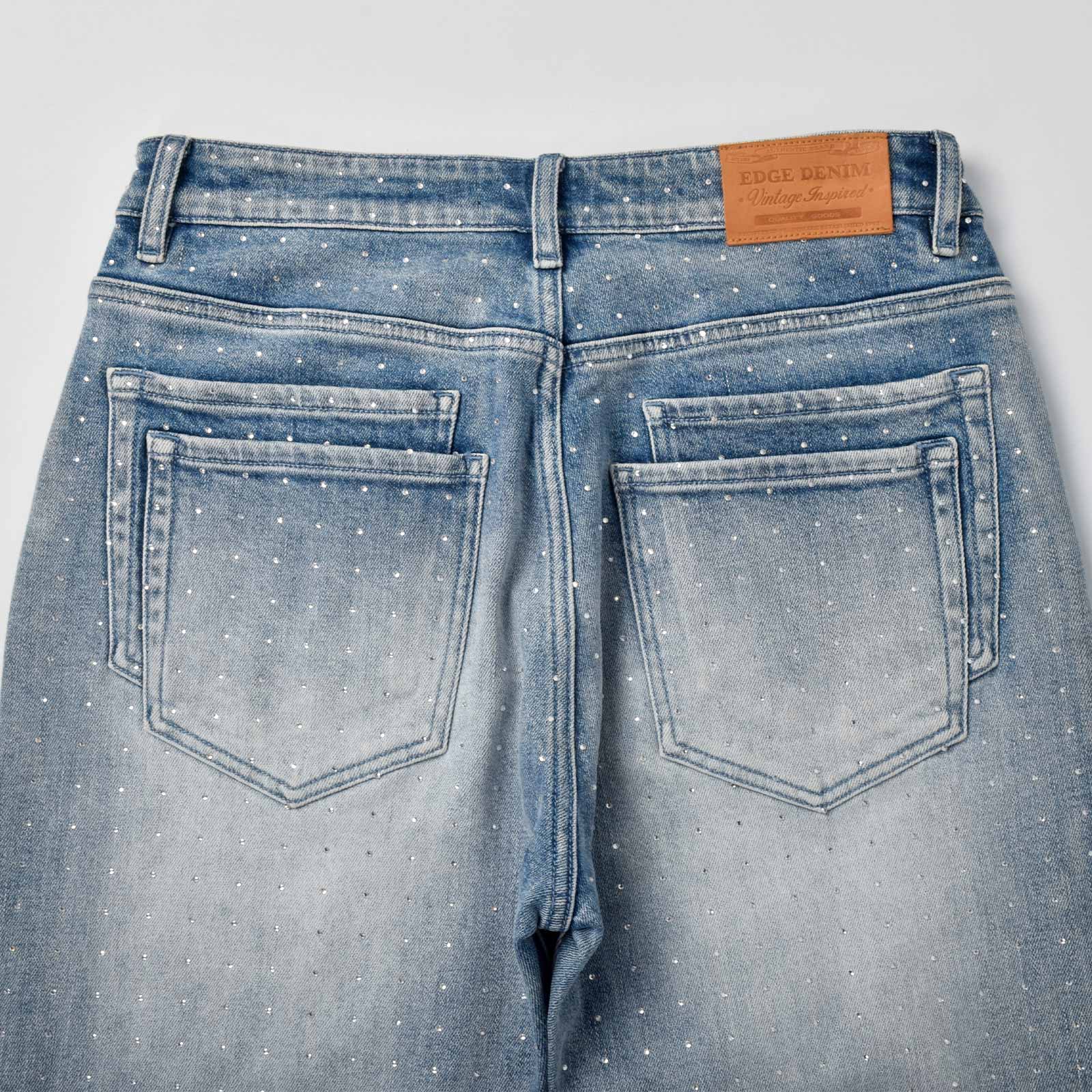 Custom Men's Blue Flared Rhinestone Raw Hem Jeans