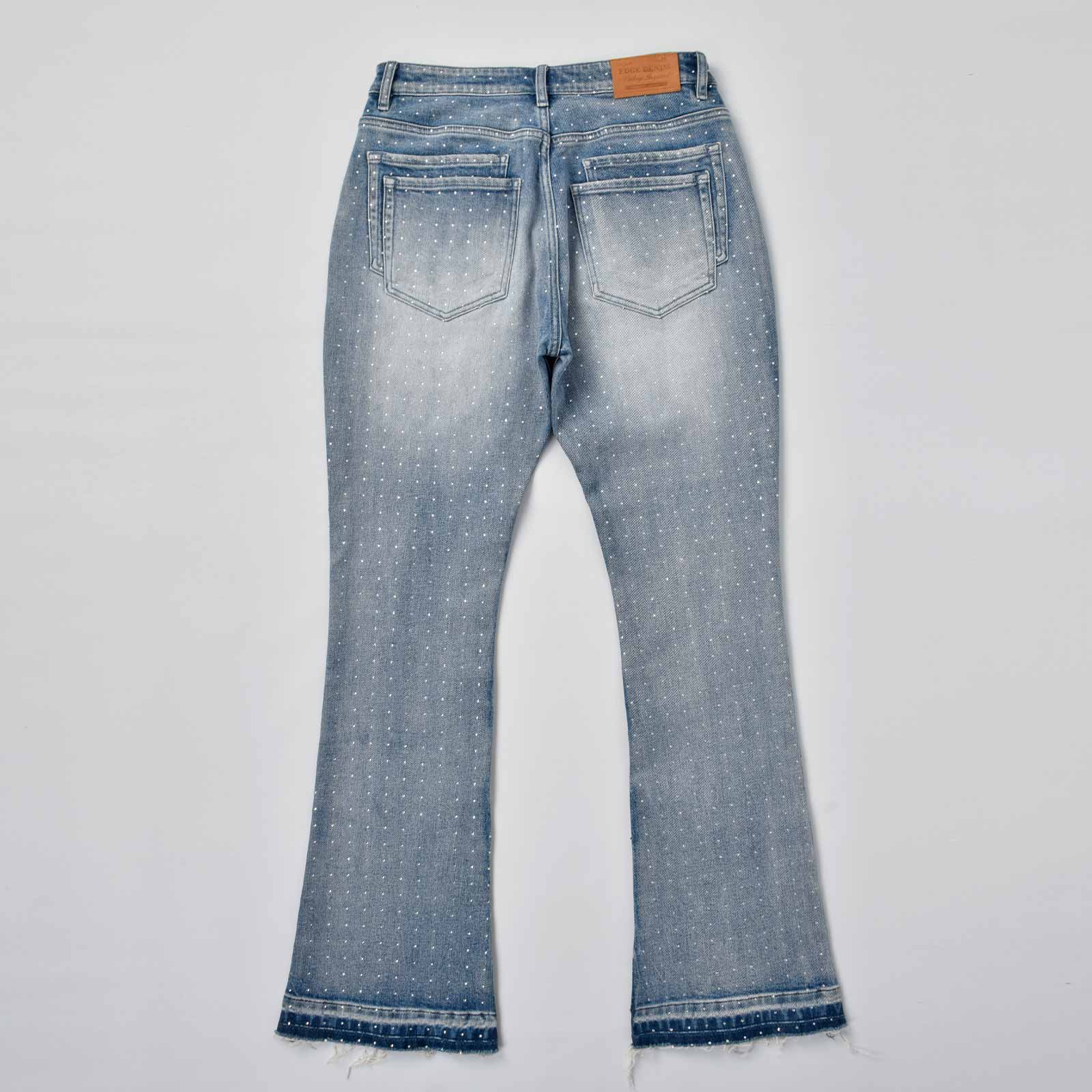 Custom Men's Blue Flared Rhinestone Raw Hem Jeans