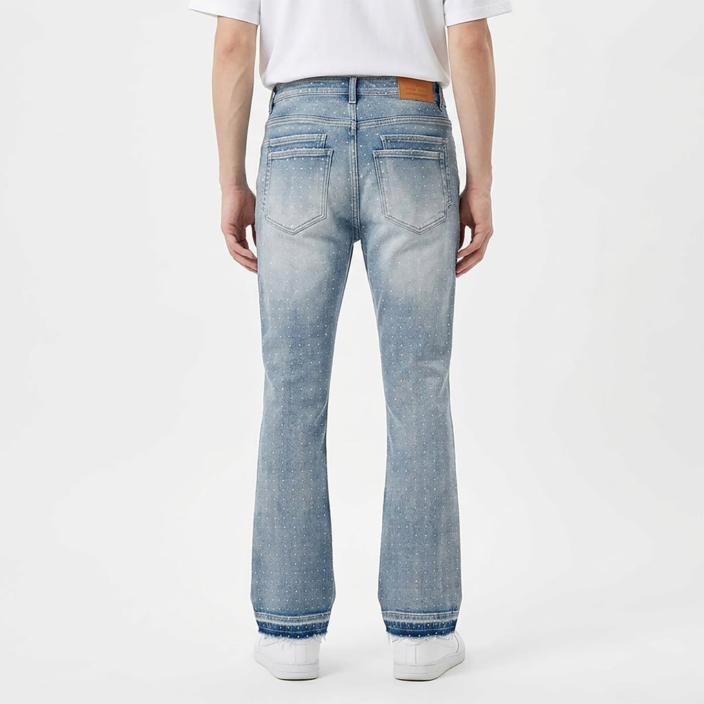 Custom Men's Blue Flared Rhinestone Raw Hem Jeans