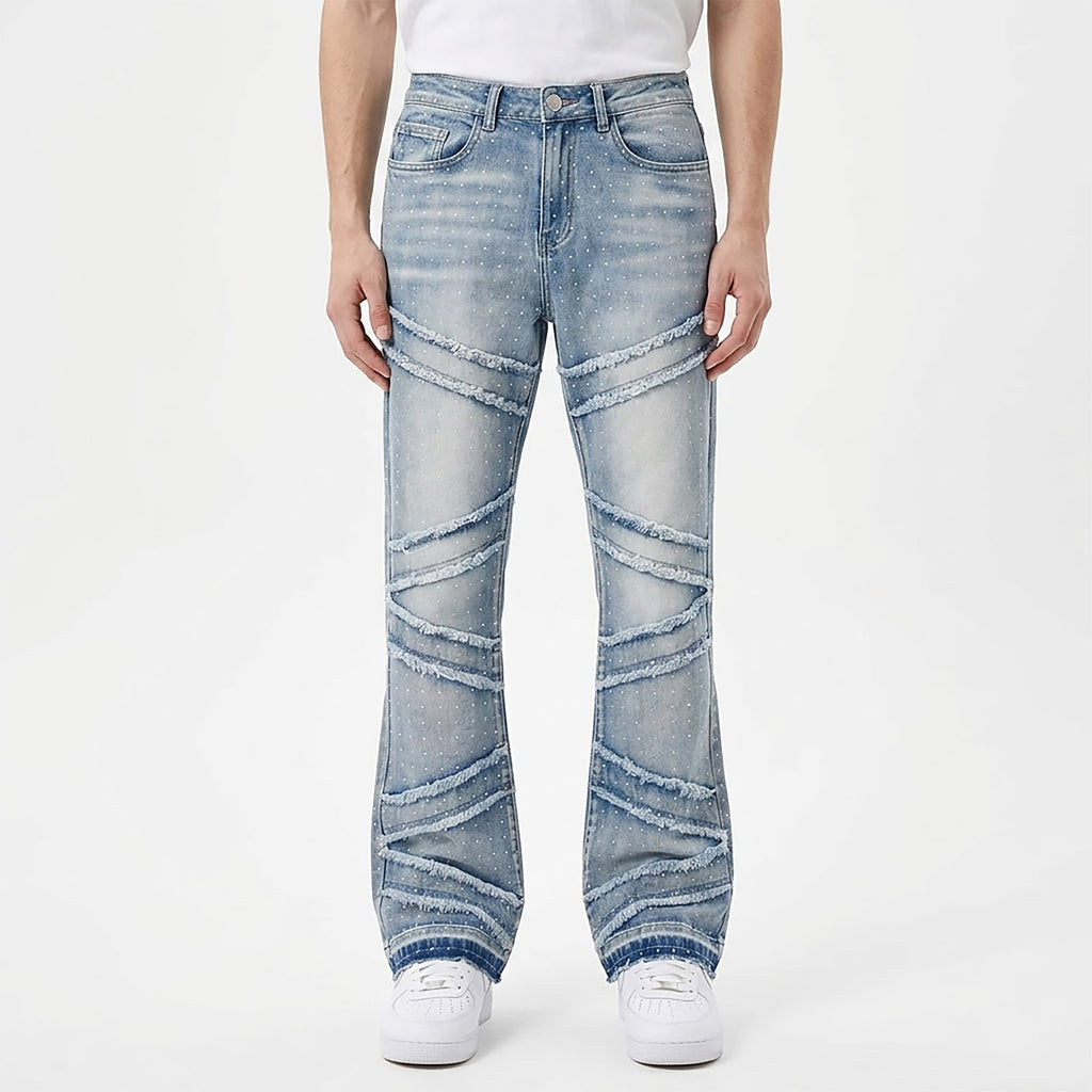 Custom Men's Blue Flared Rhinestone Raw Hem Jeans