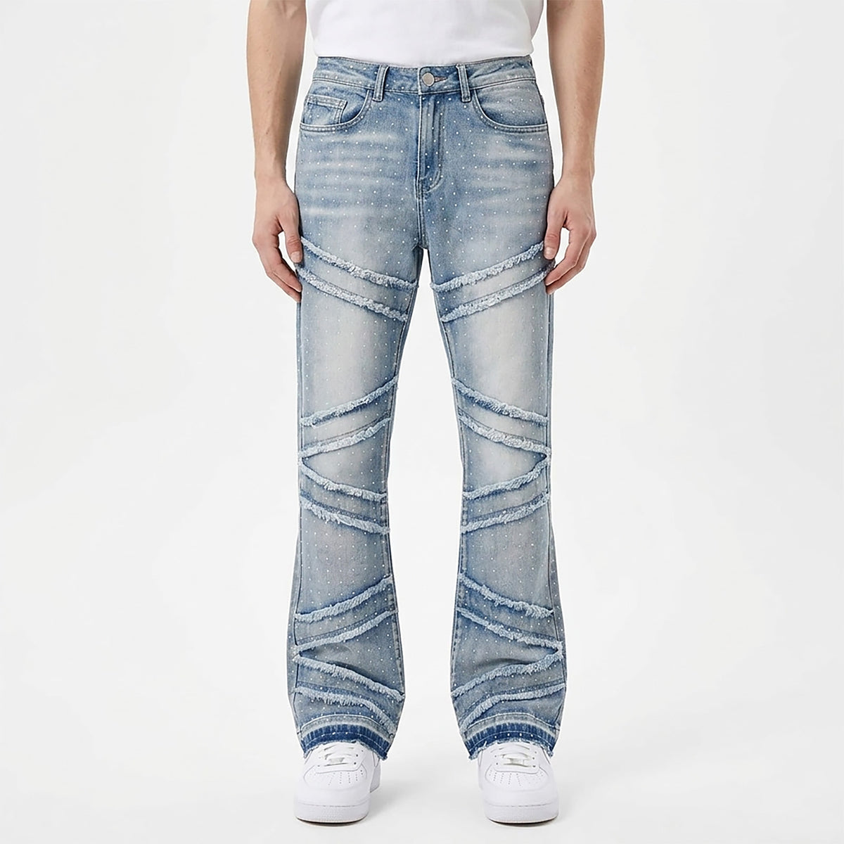 Custom Men's Blue Flared Rhinestone Raw Hem Jeans
