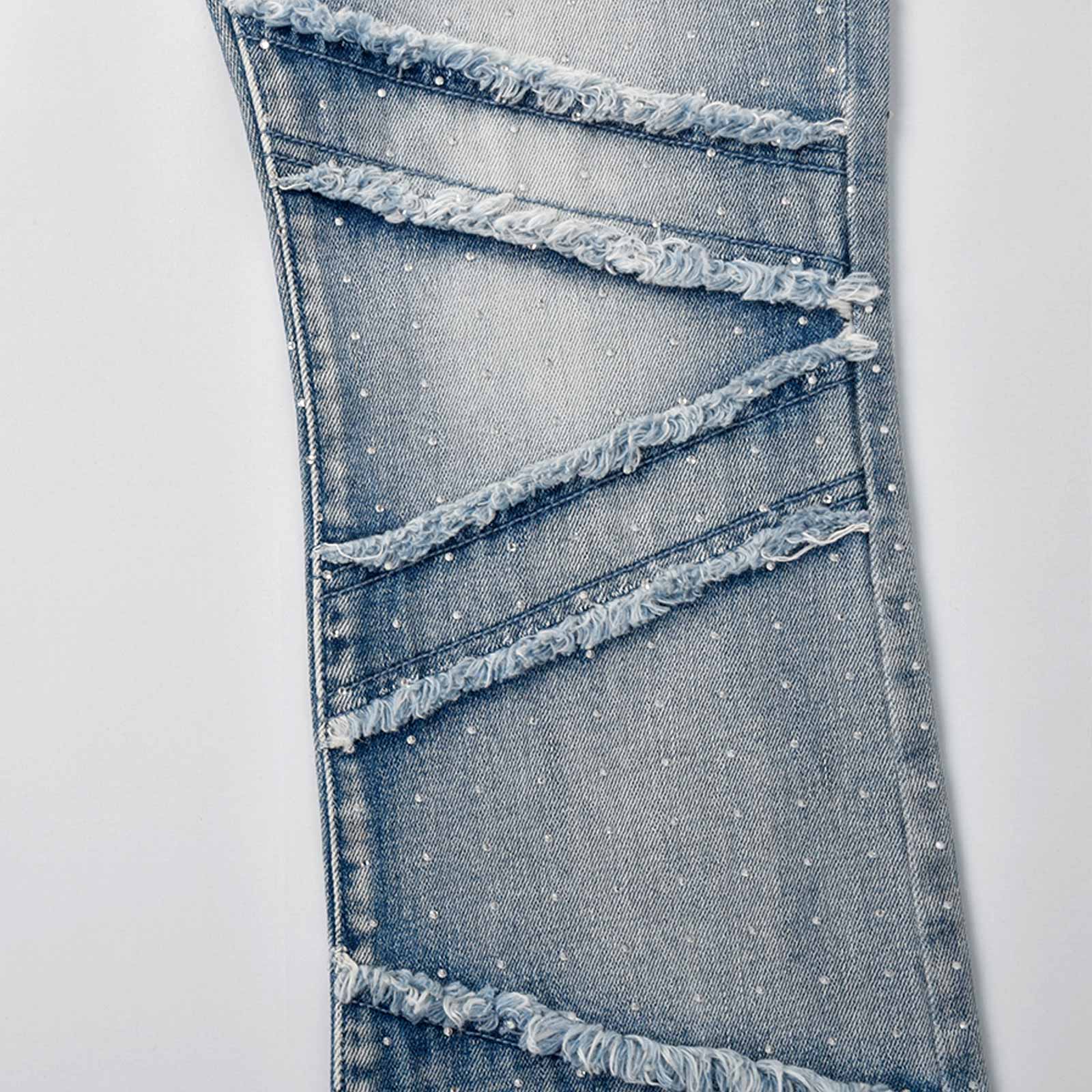 Custom Men's Blue Flared Rhinestone Raw Hem Jeans