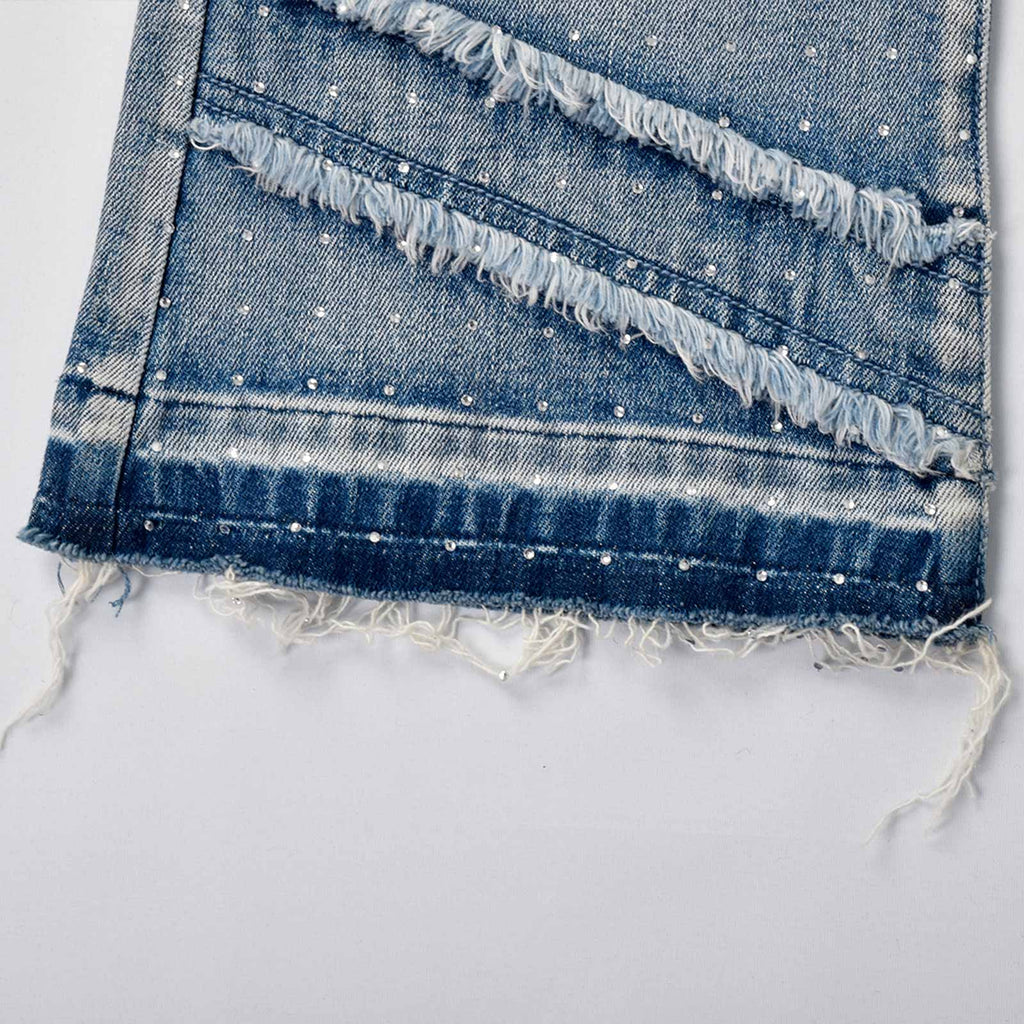Custom Men's Blue Flared Rhinestone Raw Hem Jeans