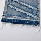 Custom Men's Blue Flared Rhinestone Raw Hem Jeans