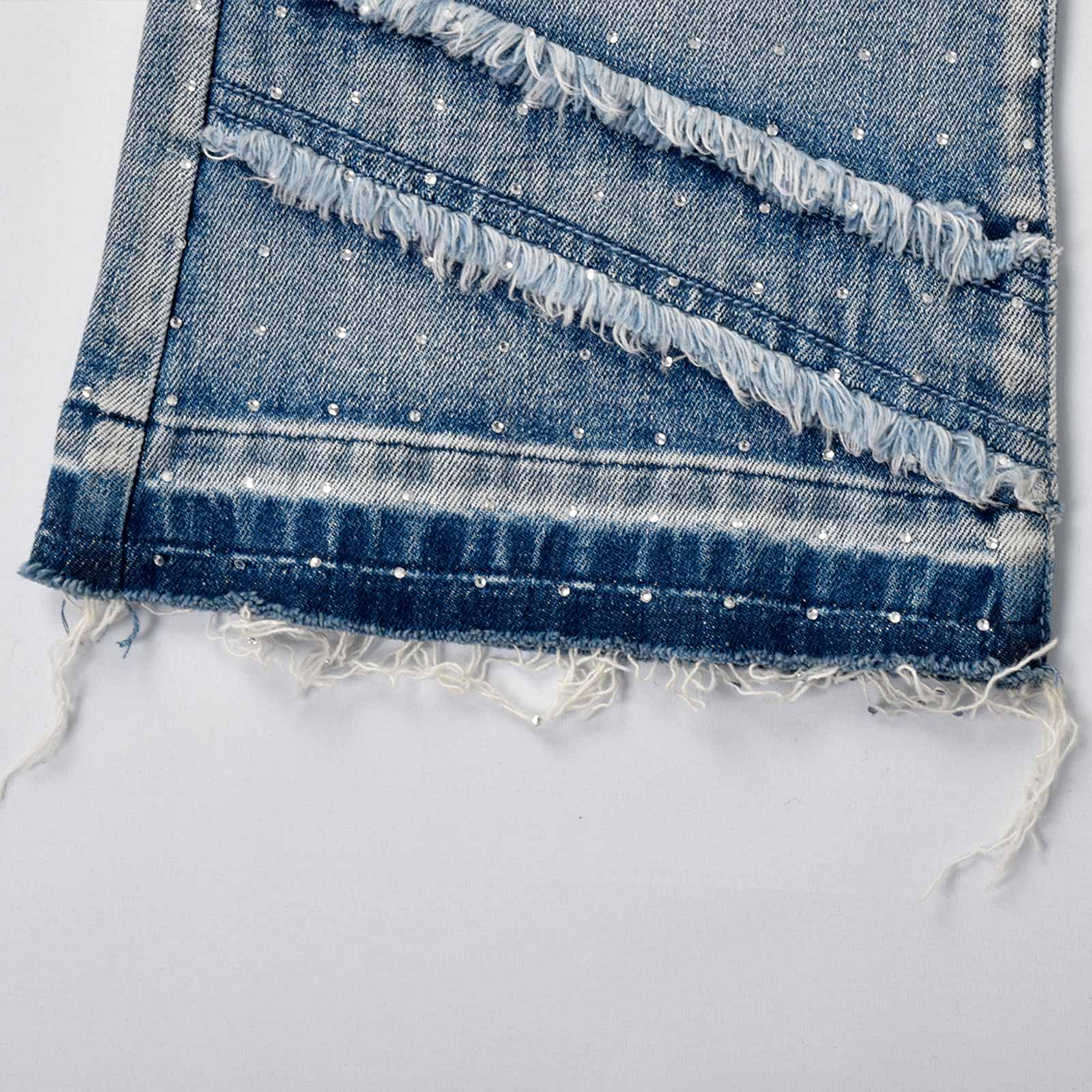 Custom Men's Blue Flared Rhinestone Raw Hem Jeans