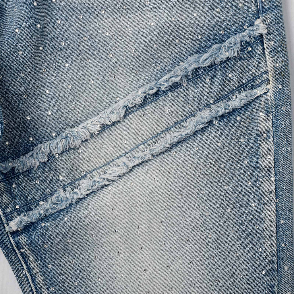 Custom Men's Blue Flared Rhinestone Raw Hem Jeans