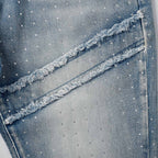Custom Men's Blue Flared Rhinestone Raw Hem Jeans