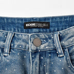 Custom Men's Blue Flared Rhinestone Raw Hem Jeans
