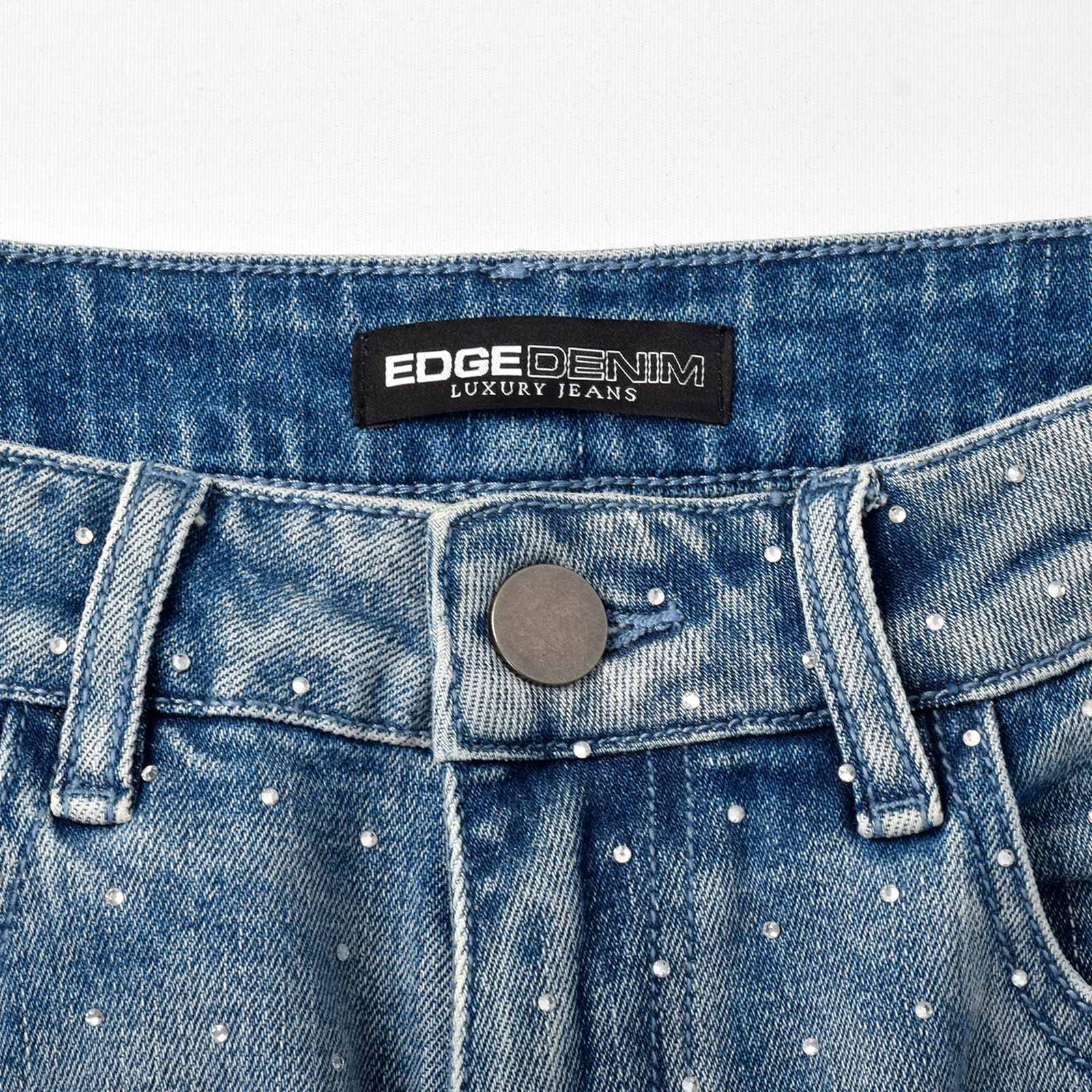 Custom Men's Blue Flared Rhinestone Raw Hem Jeans