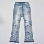 Custom Men's Blue Flared Rhinestone Raw Hem Jeans