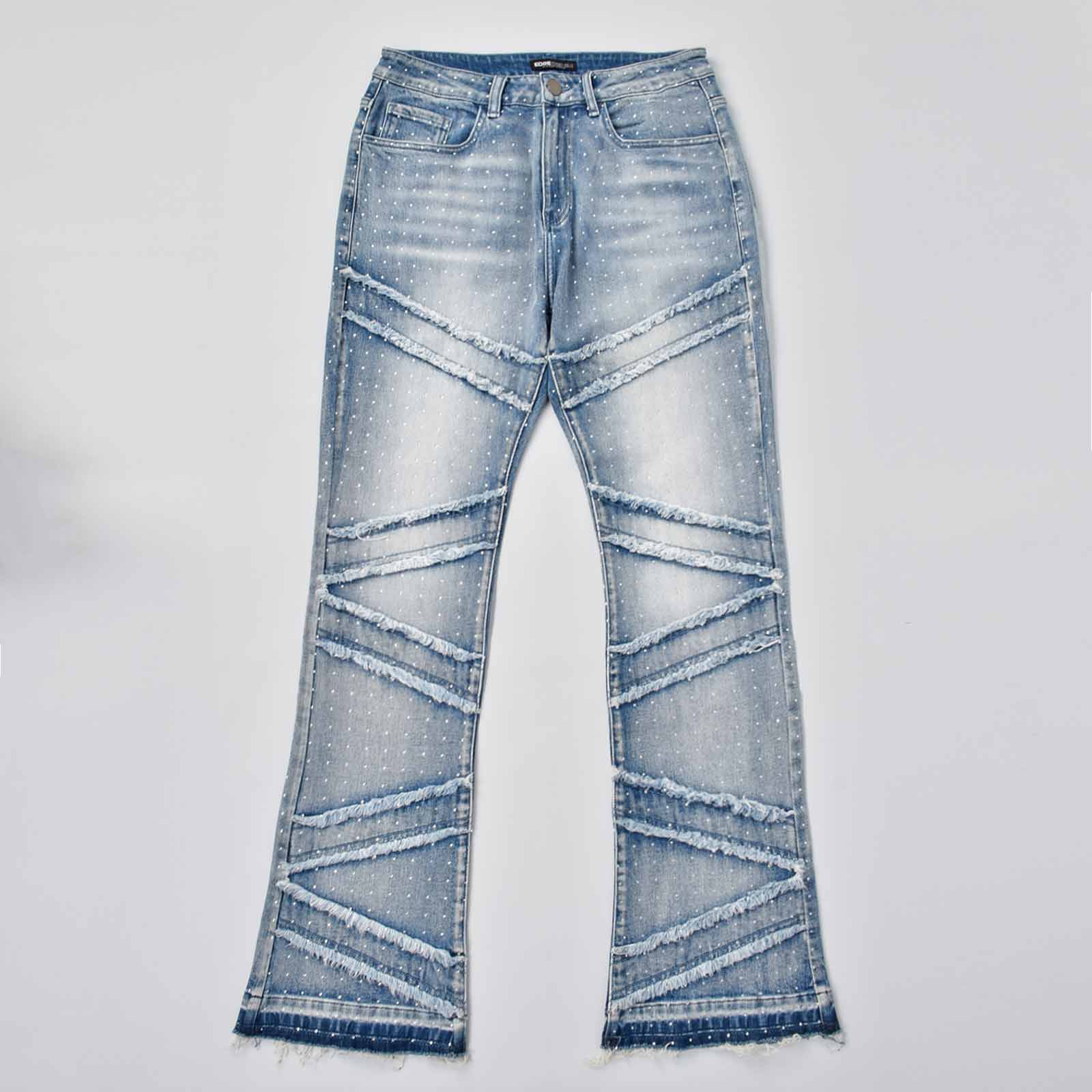 Custom Men's Blue Flared Rhinestone Raw Hem Jeans