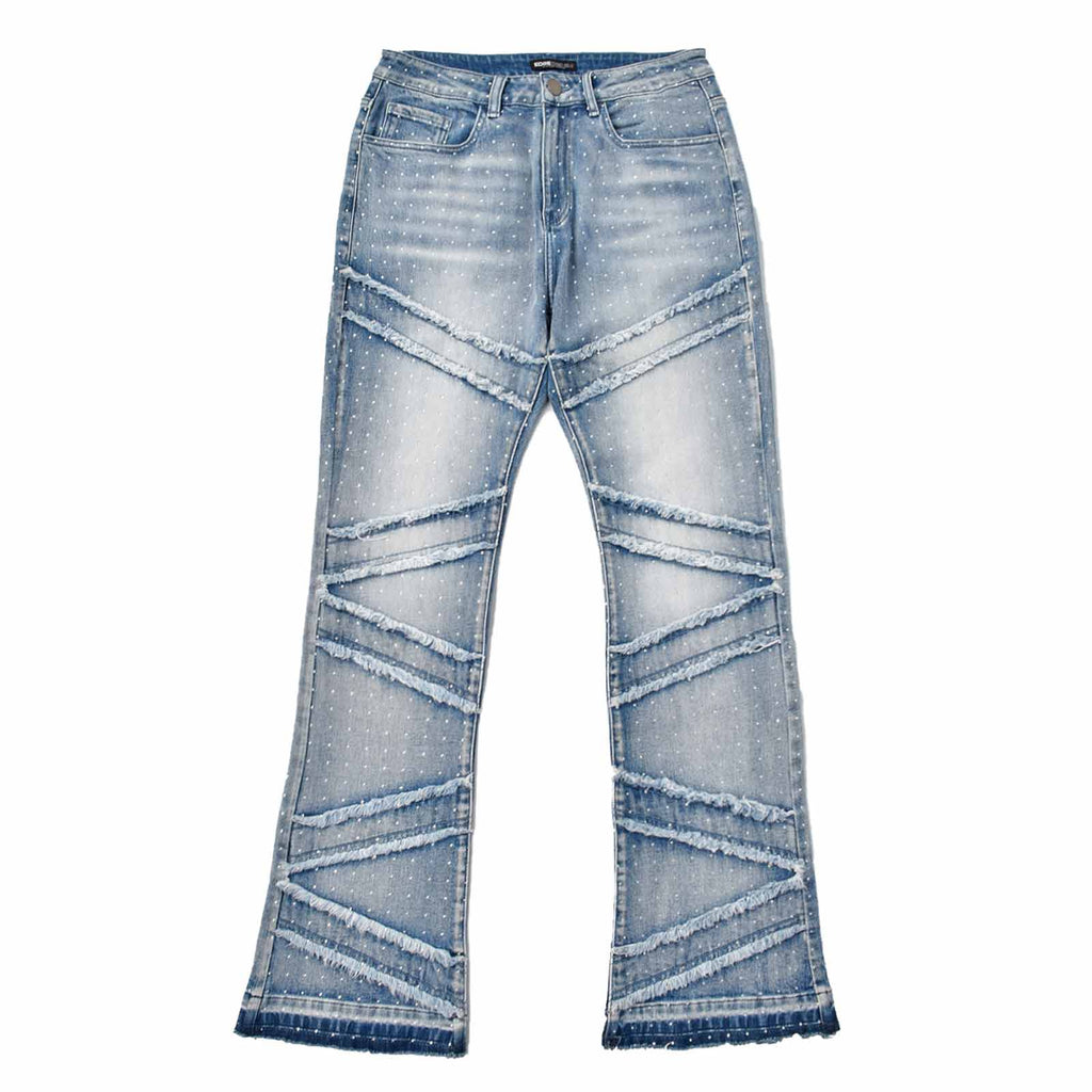 Custom Men's Blue Flared Rhinestone Raw Hem Jeans