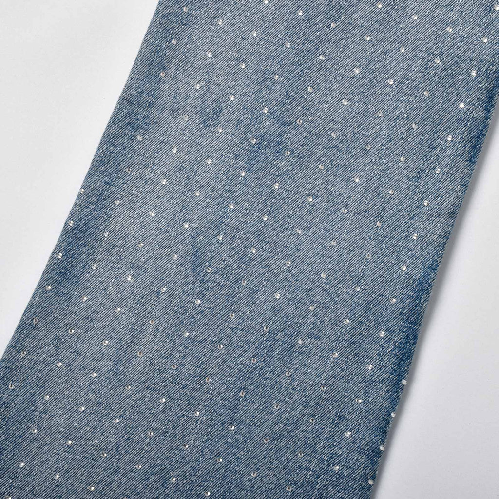 Custom Men's Blue Flared Rhinestone Raw Hem Jeans